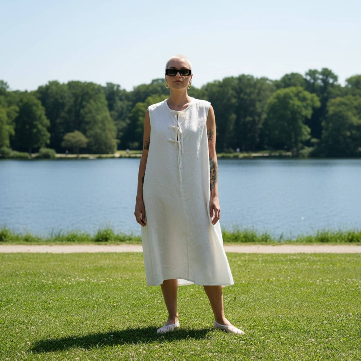 Sleeveless Linen Midi Dress, Tie Front A Line