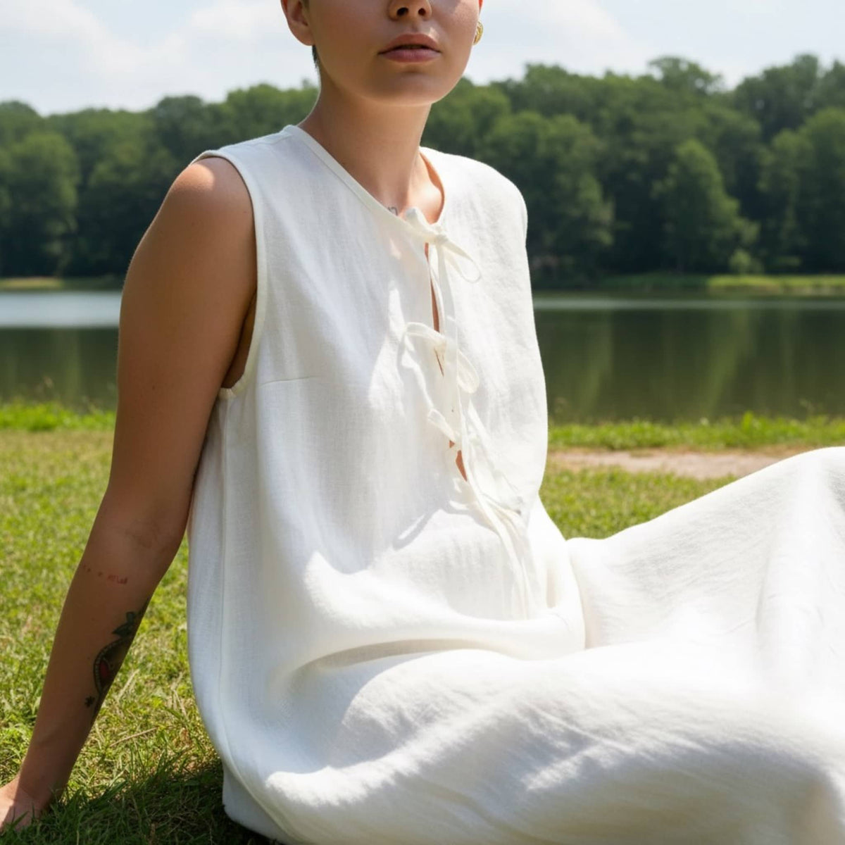 Sleeveless Linen Midi Dress, Tie Front A Line