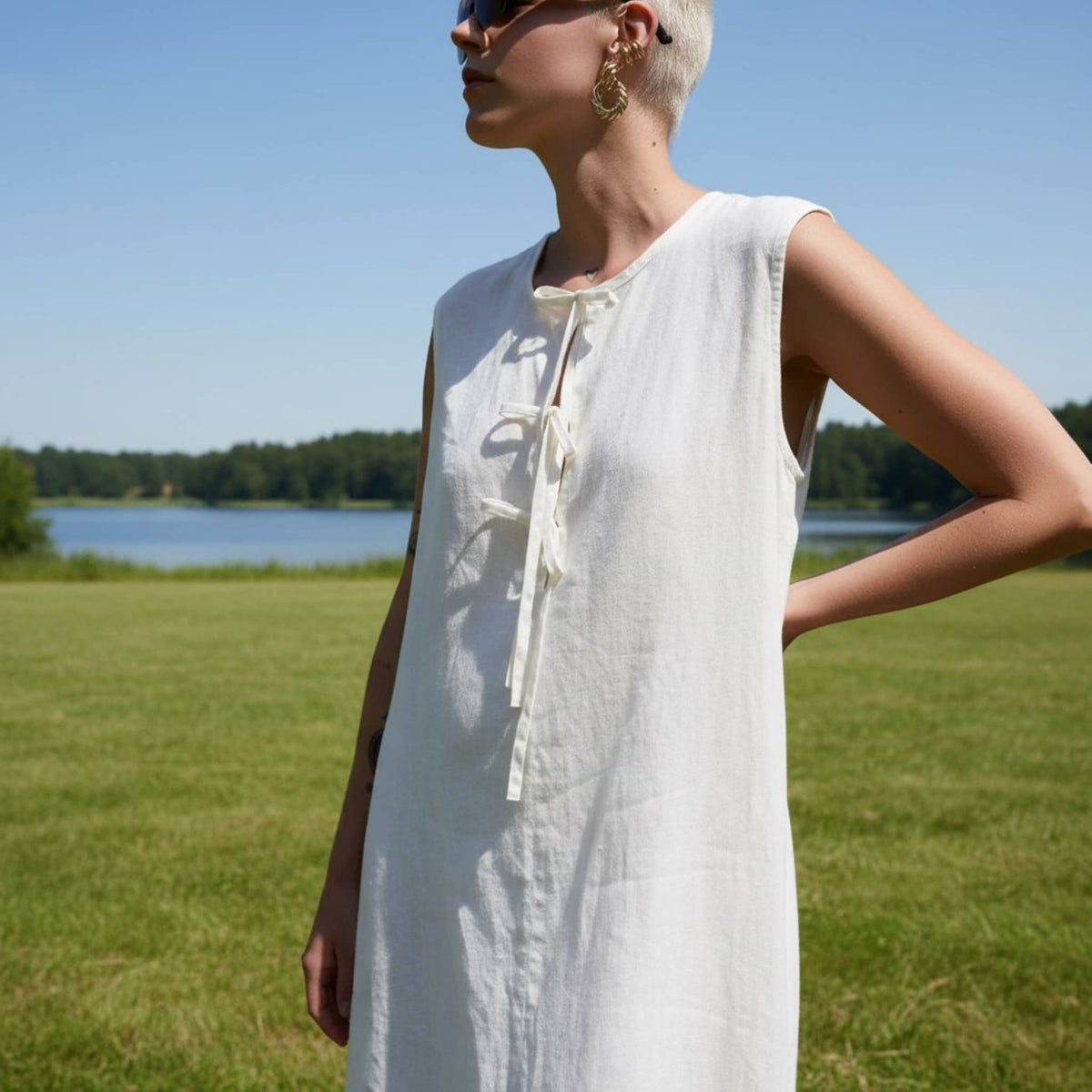Sleeveless Linen Midi Dress, Tie Front A Line