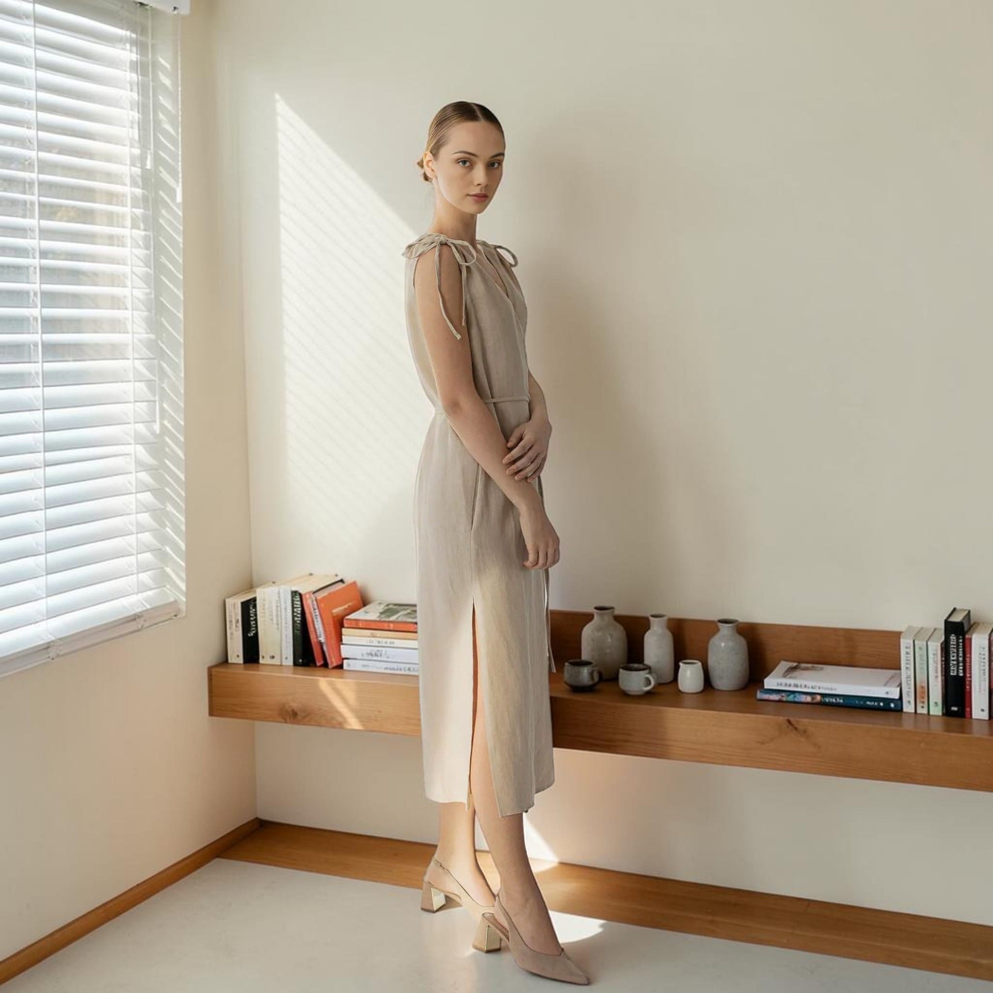 Sleeveless Linen Midi Dress, Tie Shoulder Side Slit