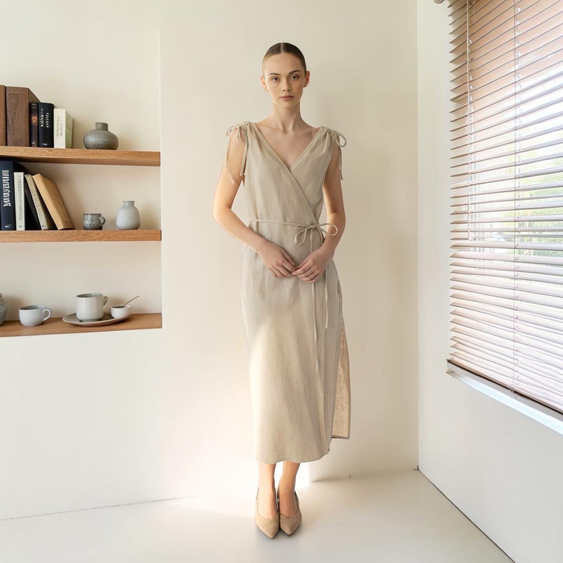 Sleeveless Linen Midi Dress, Tie Shoulder Side Slit