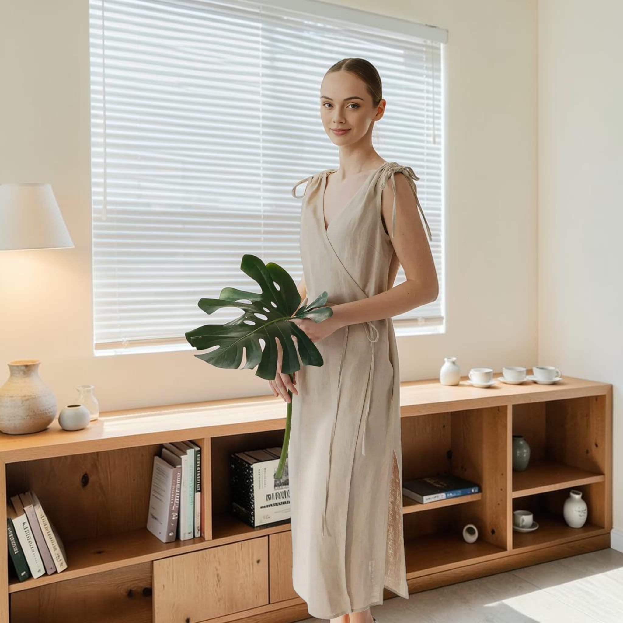 Sleeveless Linen Midi Dress, Tie Shoulder Side Slit