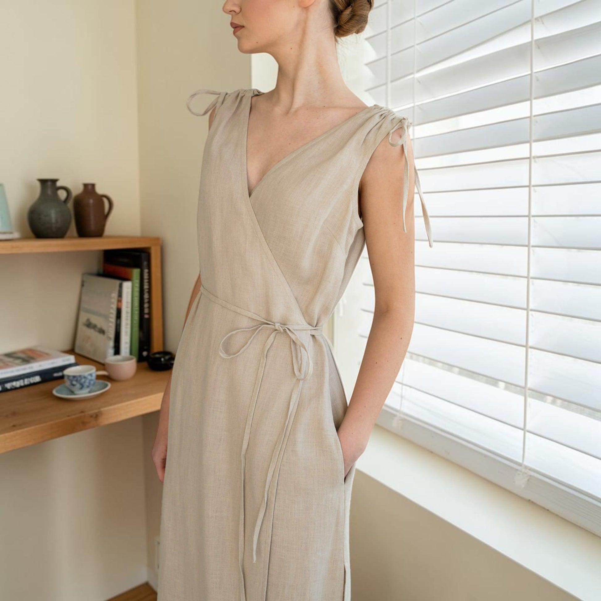 Sleeveless Linen Midi Dress, Tie Shoulder Side Slit