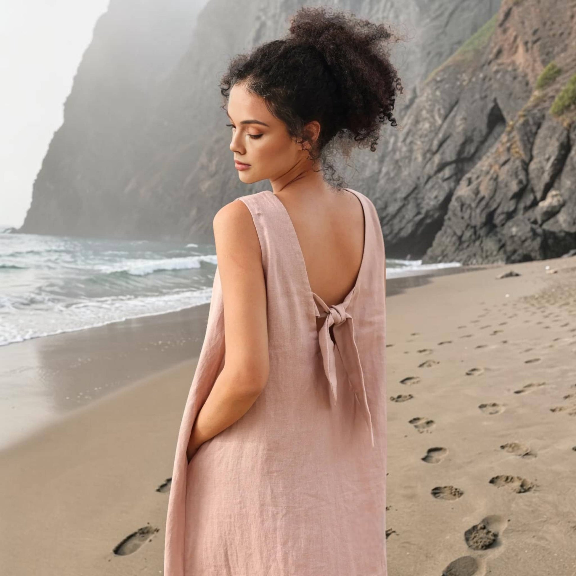 Sleeveless Linen Midi Dress, V Back Side Slit