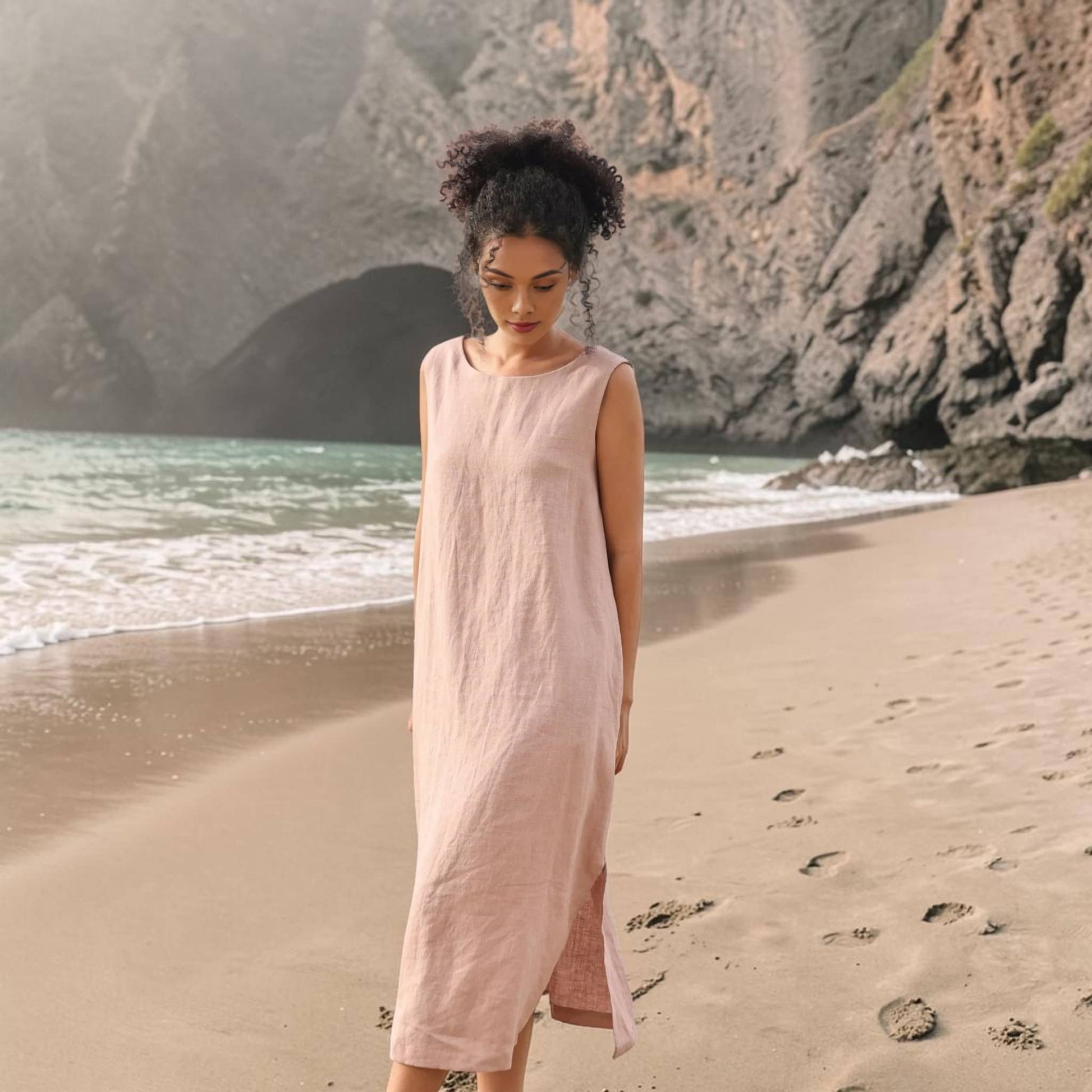 Sleeveless Linen Midi Dress, V Back Side Slit