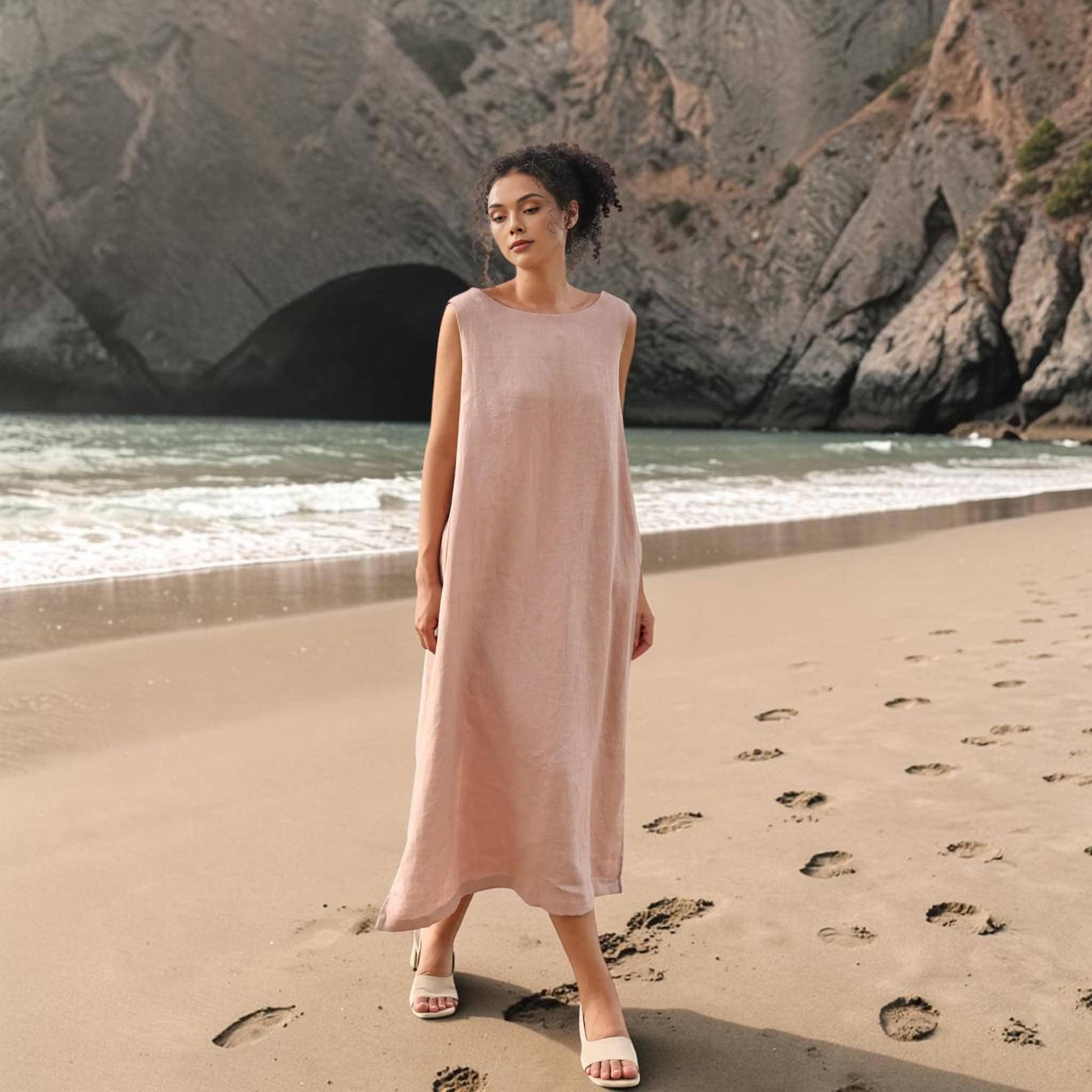 Sleeveless Linen Midi Dress, V Back Side Slit