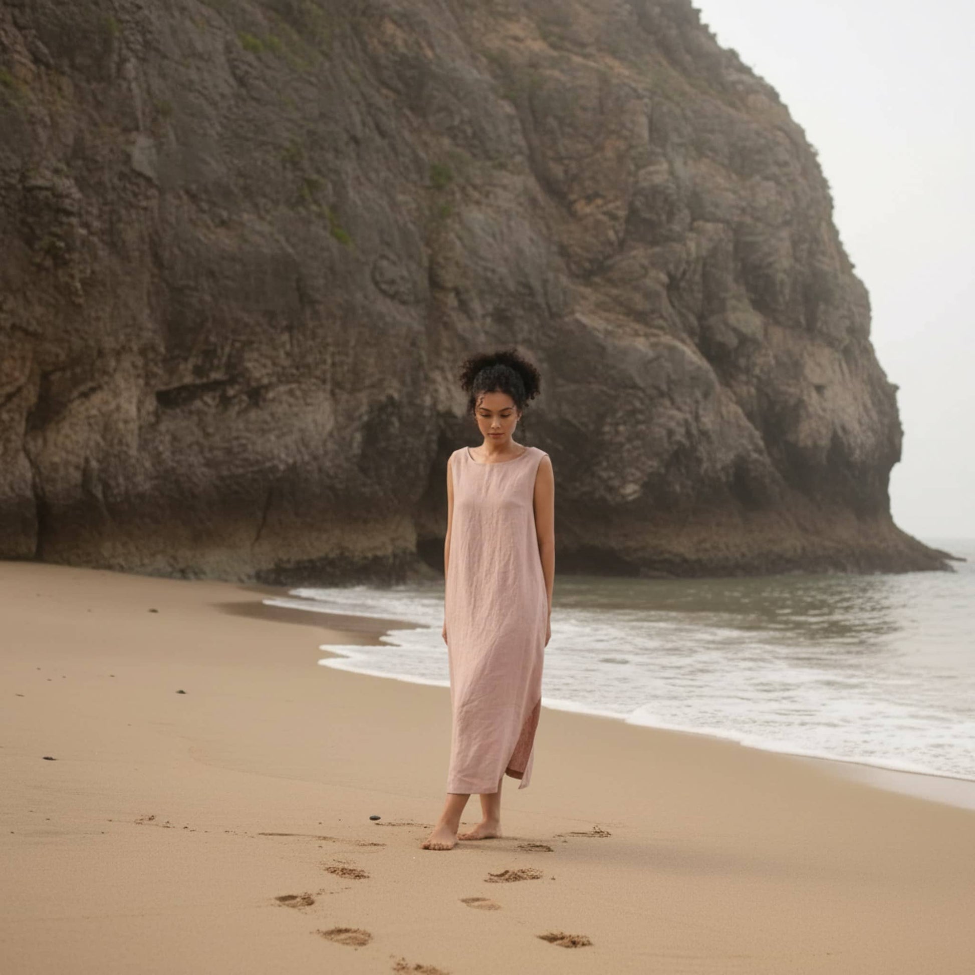 Sleeveless Linen Midi Dress, V Back Side Slit