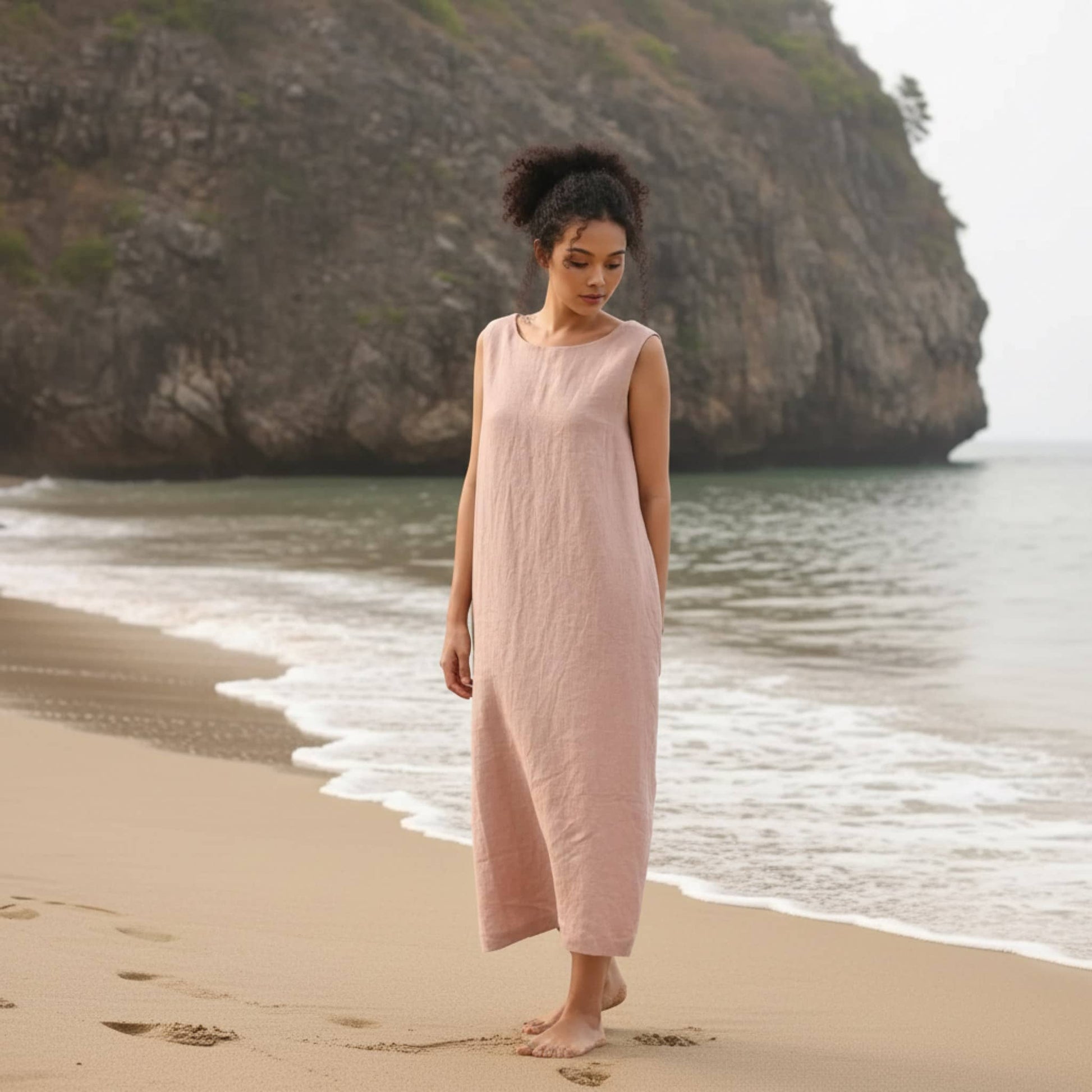 Sleeveless Linen Midi Dress, V Back Side Slit