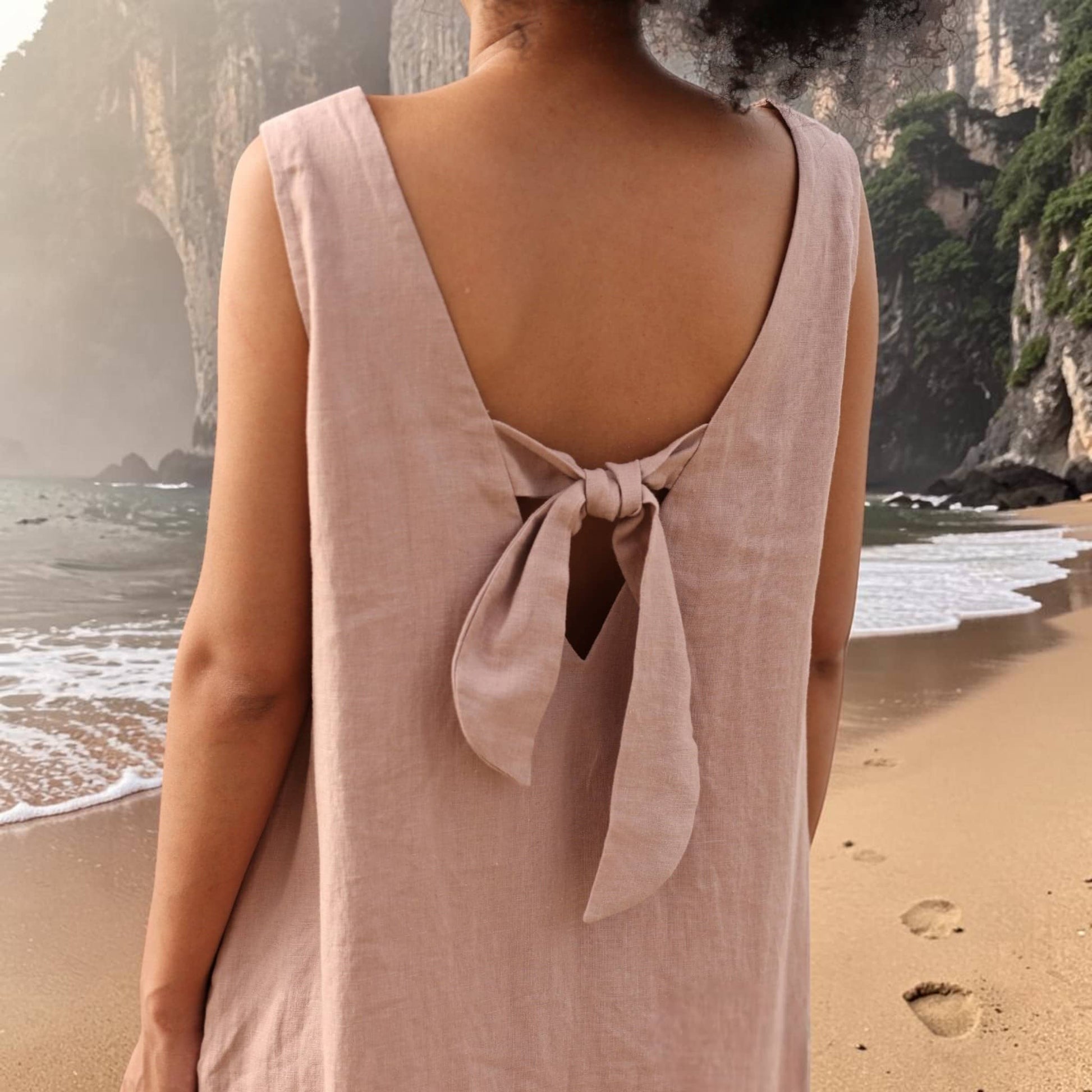 Sleeveless Linen Midi Dress, V Back Side Slit