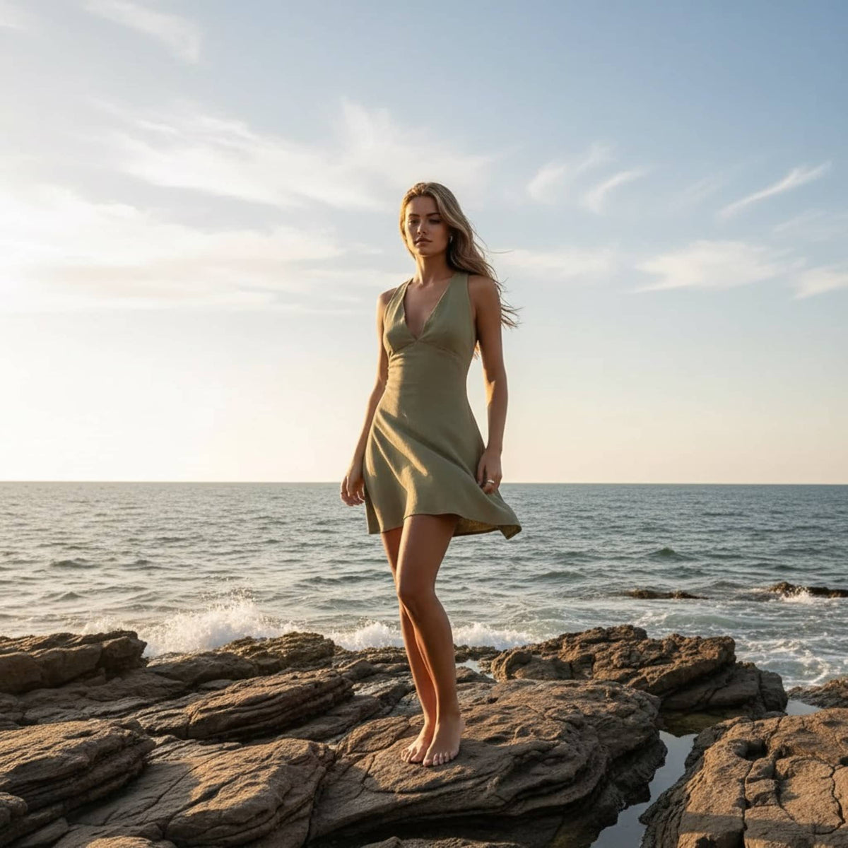 Sleeveless Linen Mini Dress, Linen Halter Mini Dress