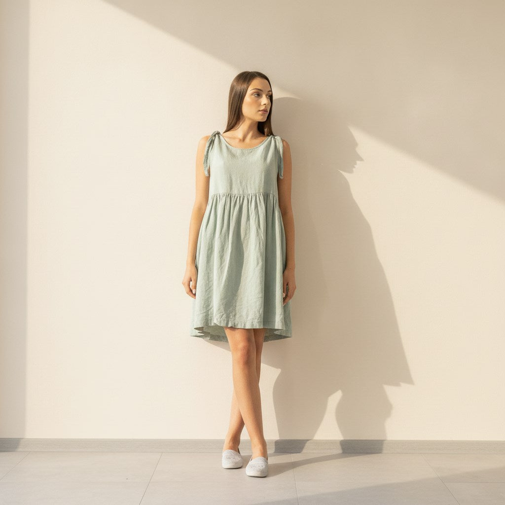 Sleeveless Linen Mini Dress, Tie Shoulder