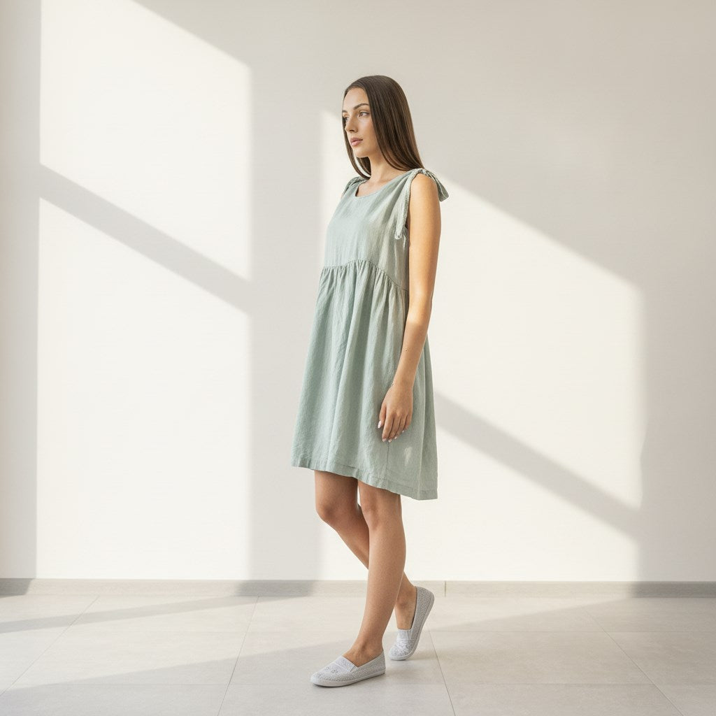 Sleeveless Linen Mini Dress, Tie Shoulder