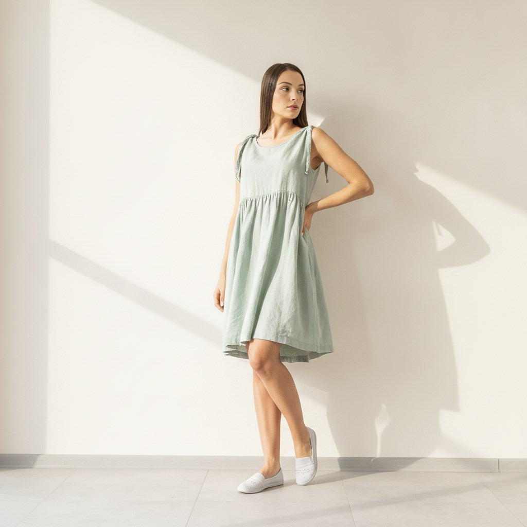Sleeveless Linen Mini Dress, Tie Shoulder
