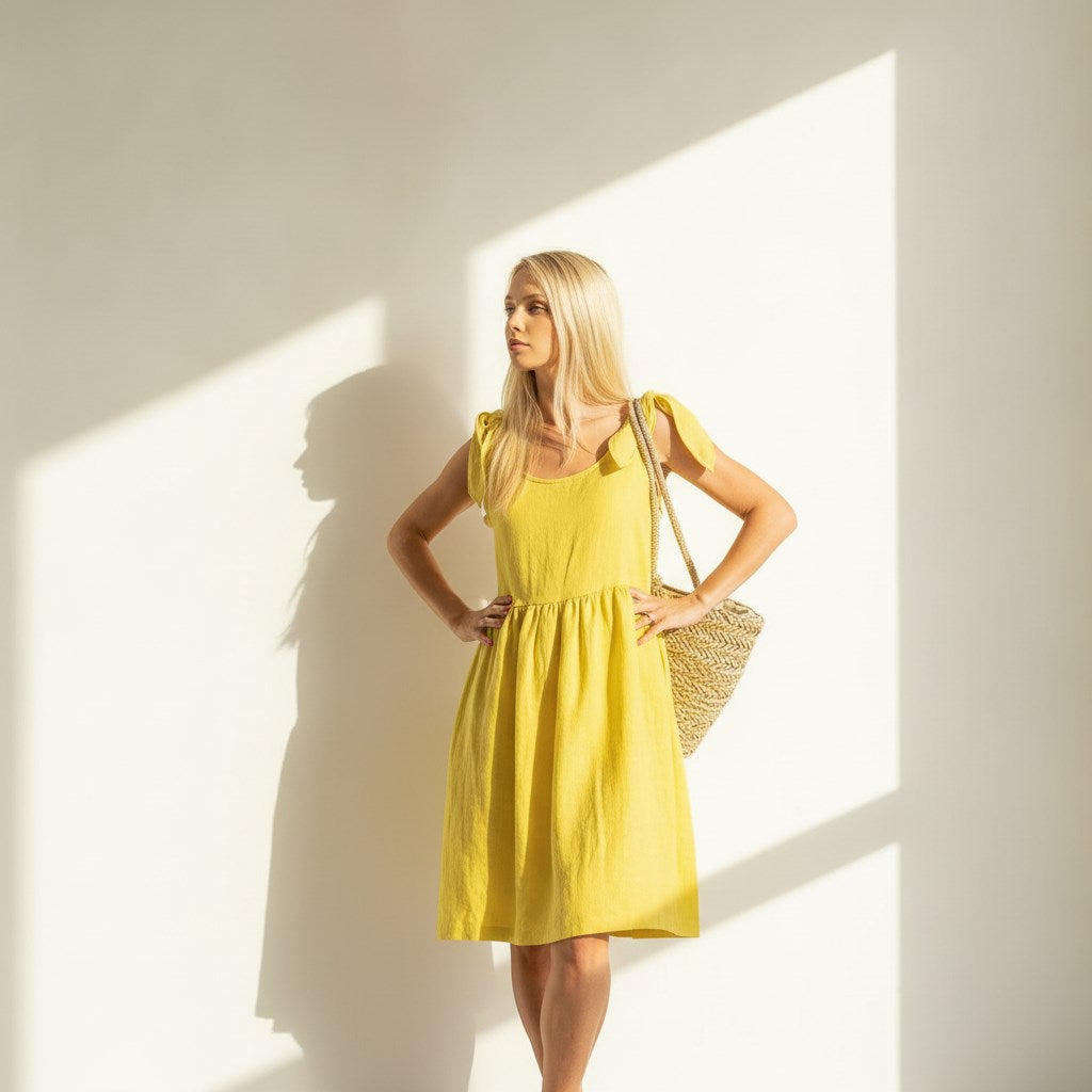 Sleeveless Linen Mini Dress, Tie Shoulder