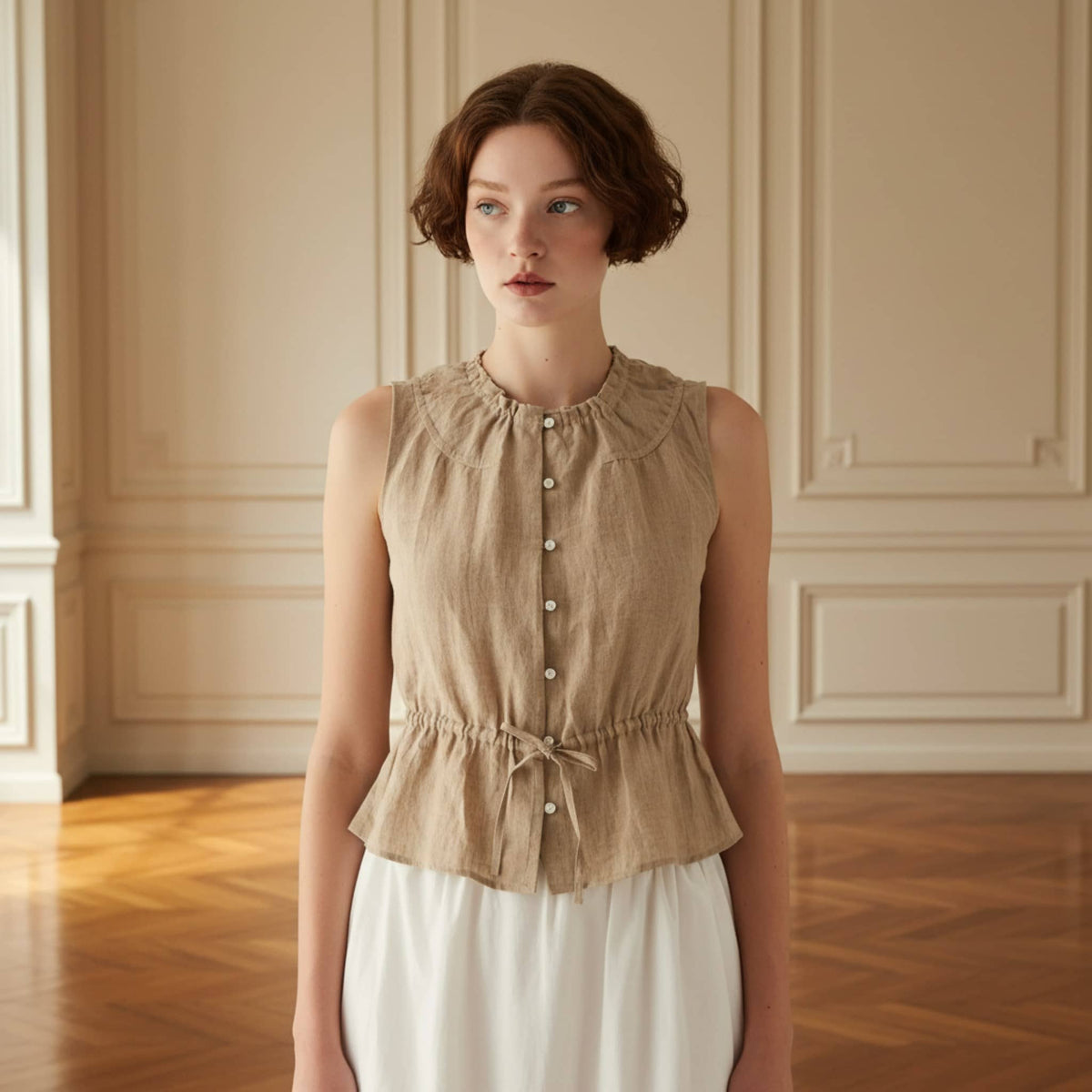 Sleeveless Linen Peplum Top, Button Front Linen Blouse