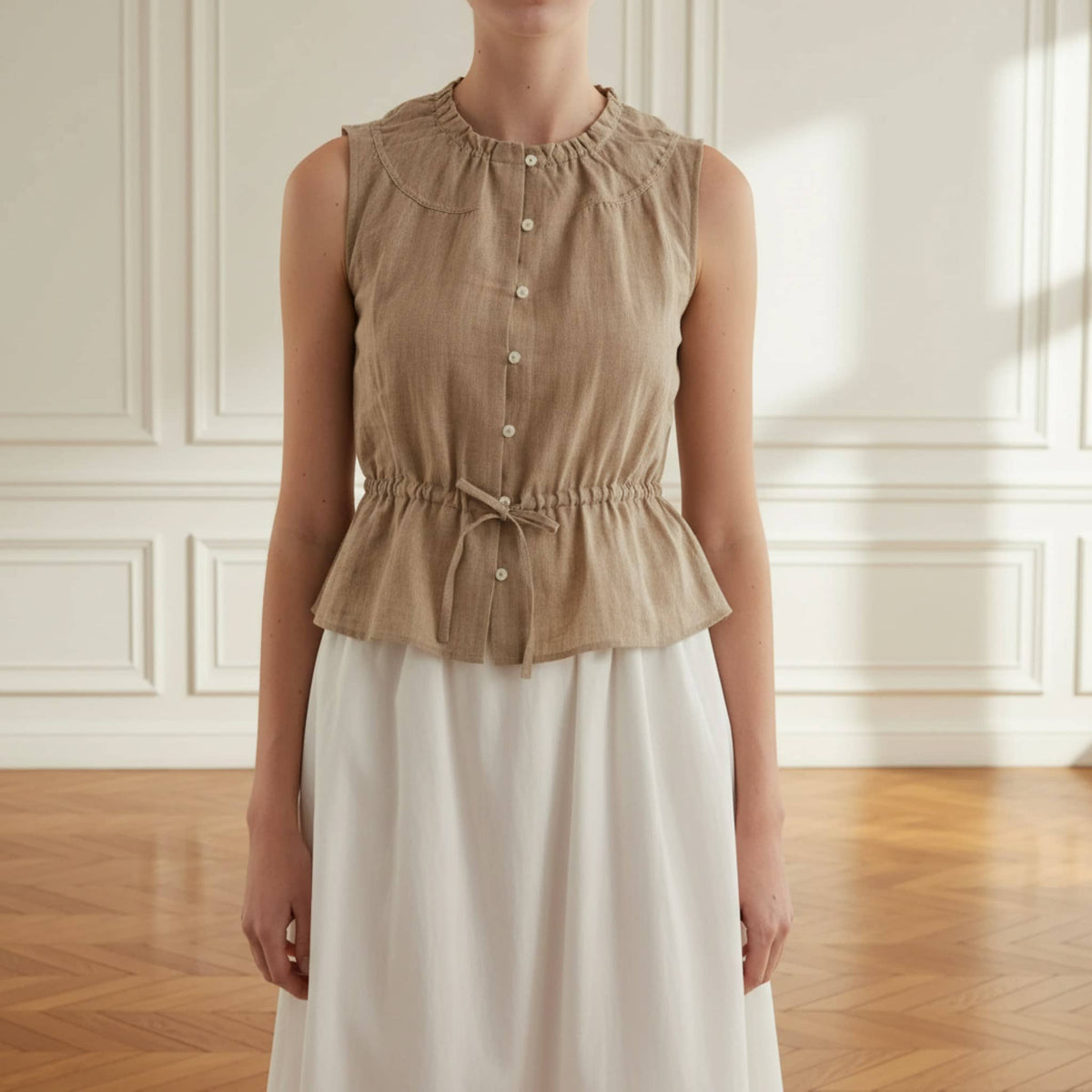 Sleeveless Linen Peplum Top, Button Front Linen Blouse