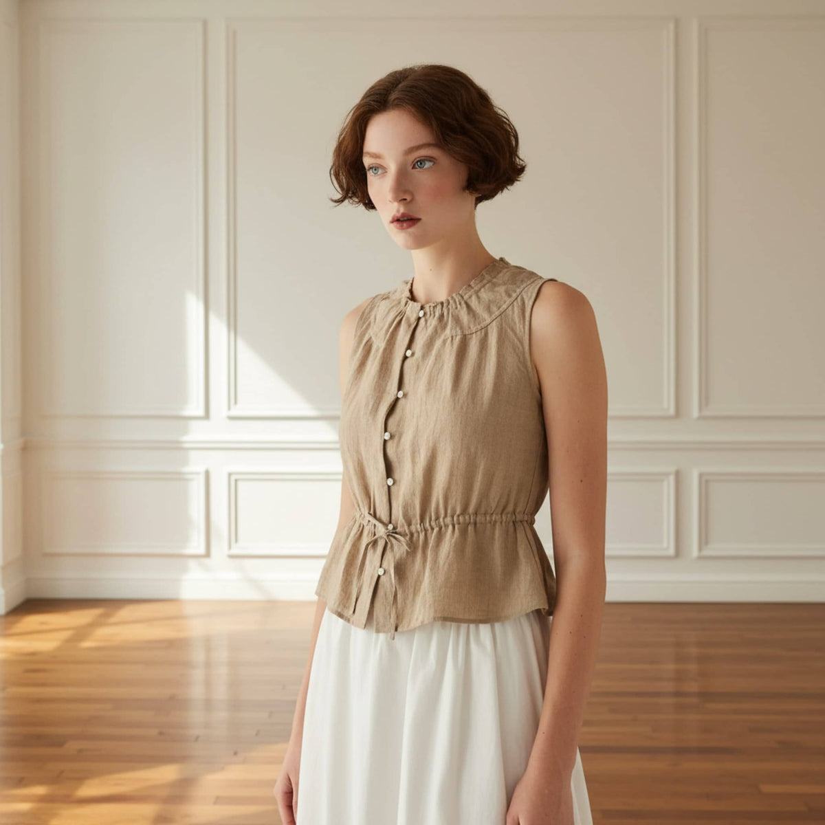 Sleeveless Linen Peplum Top, Button Front Linen Blouse