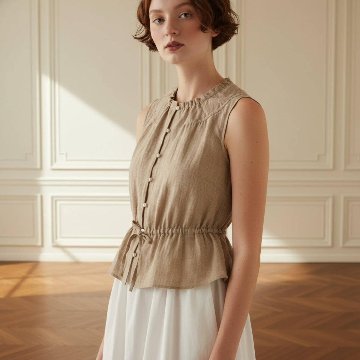 Sleeveless Linen Peplum Top, Button Front Linen Blouse