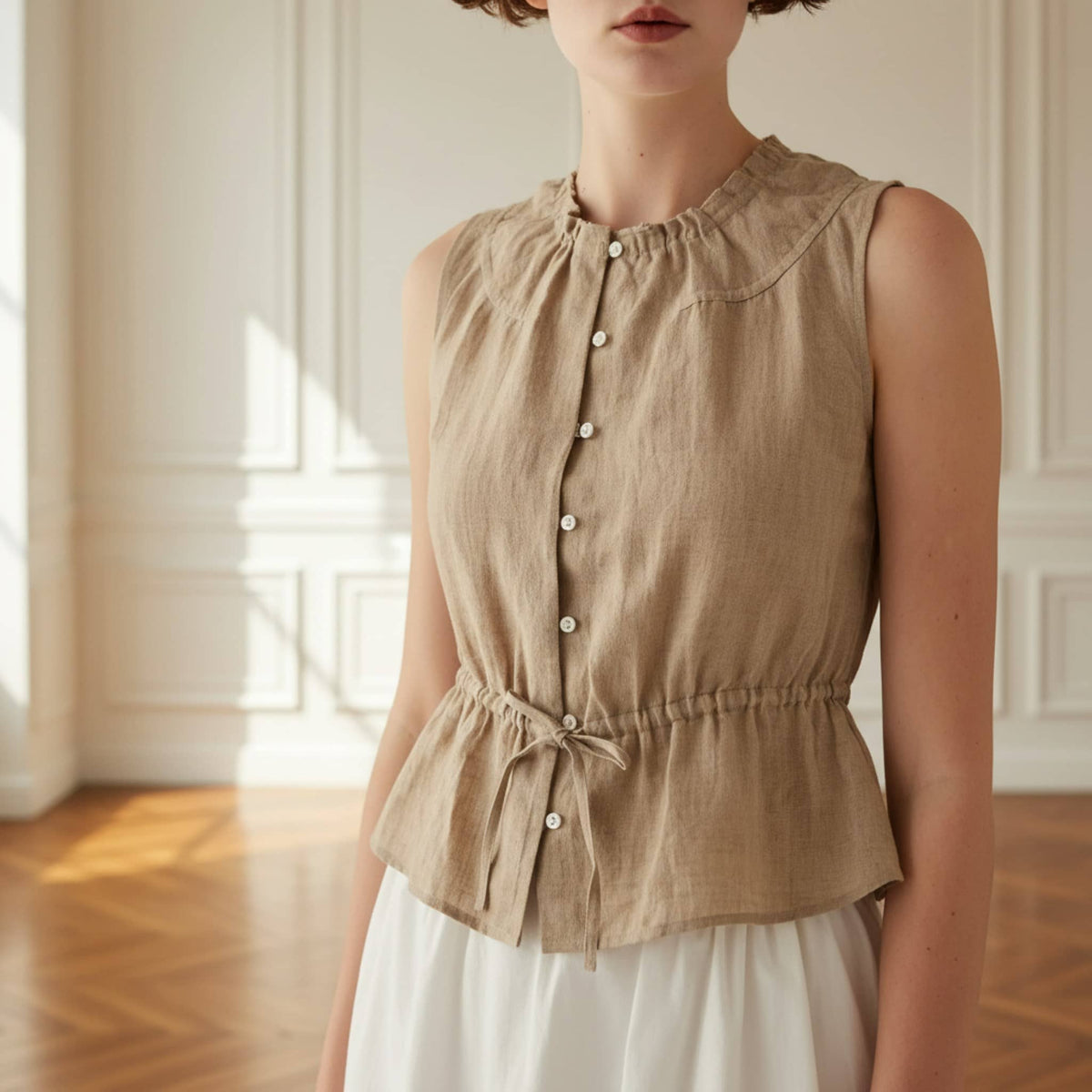 Sleeveless Linen Peplum Top, Button Front Linen Blouse
