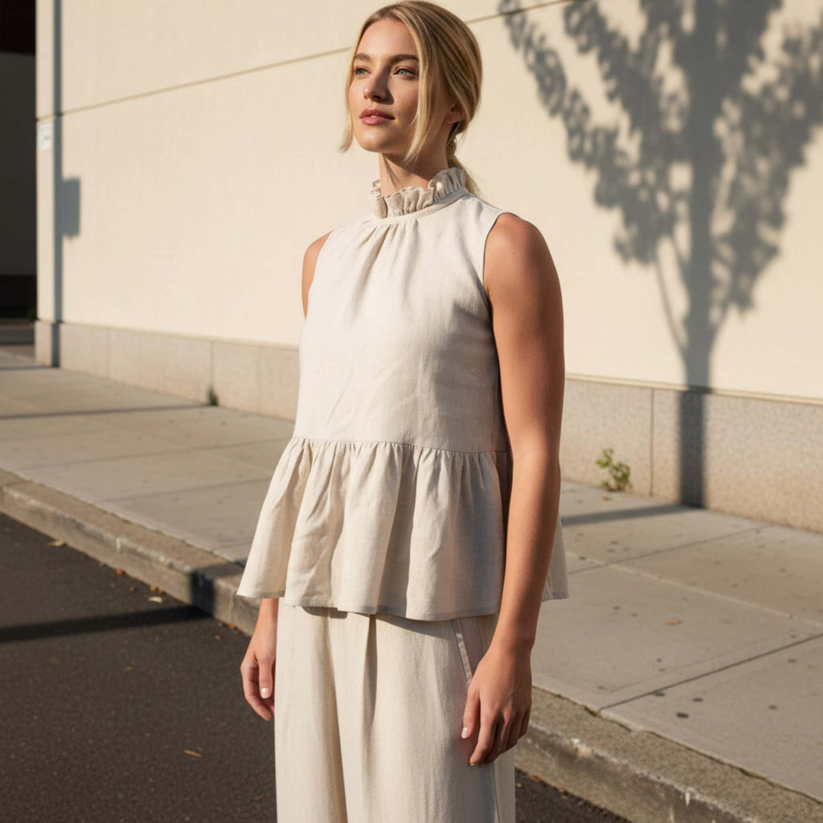 Sleeveless Linen Peplum Top, Sleeveless Linen Blouse
