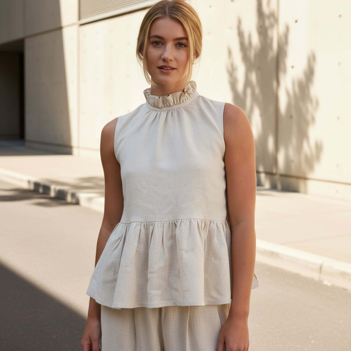 Sleeveless Linen Peplum Top, Sleeveless Linen Blouse