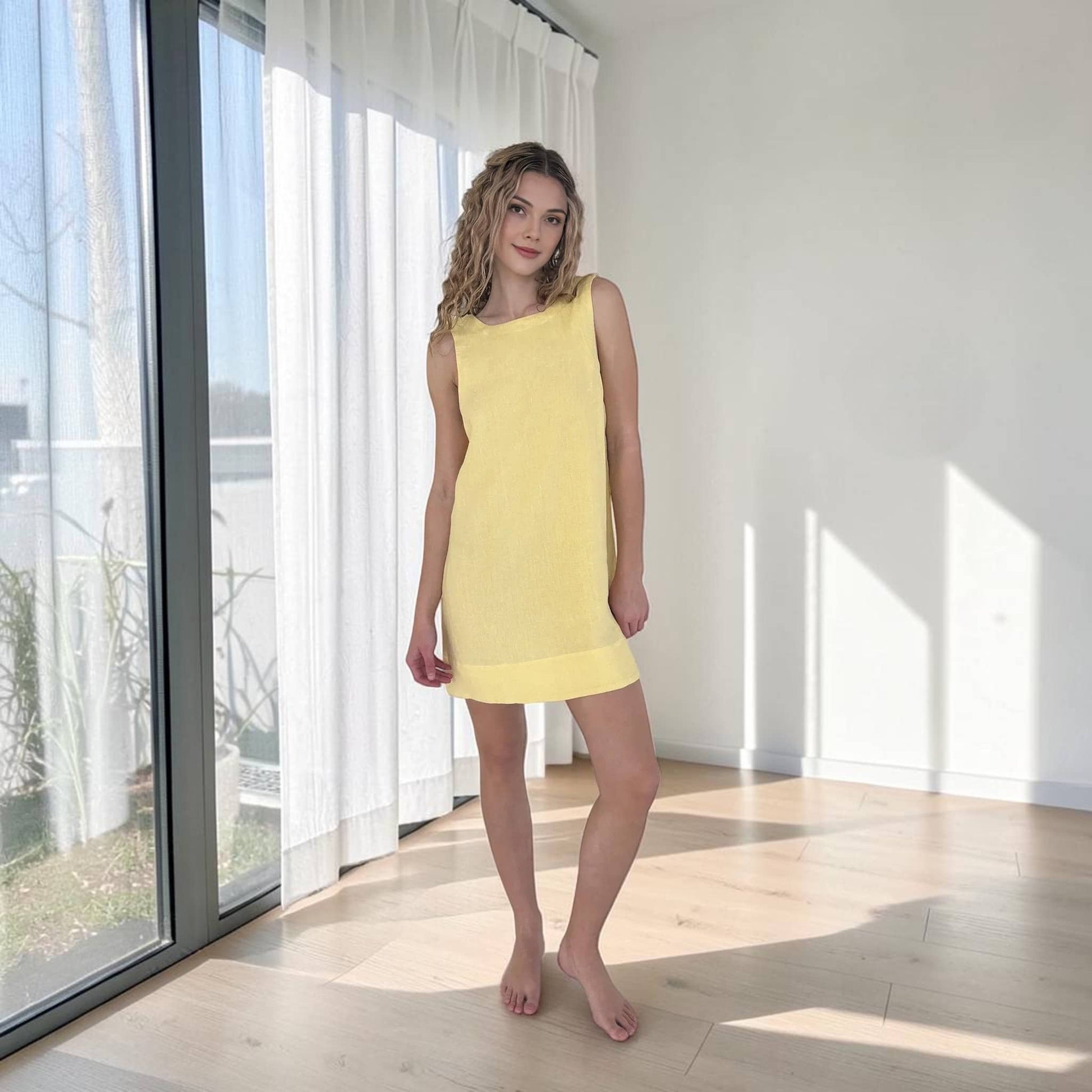 Sleeveless Linen Shift Dress, U Back