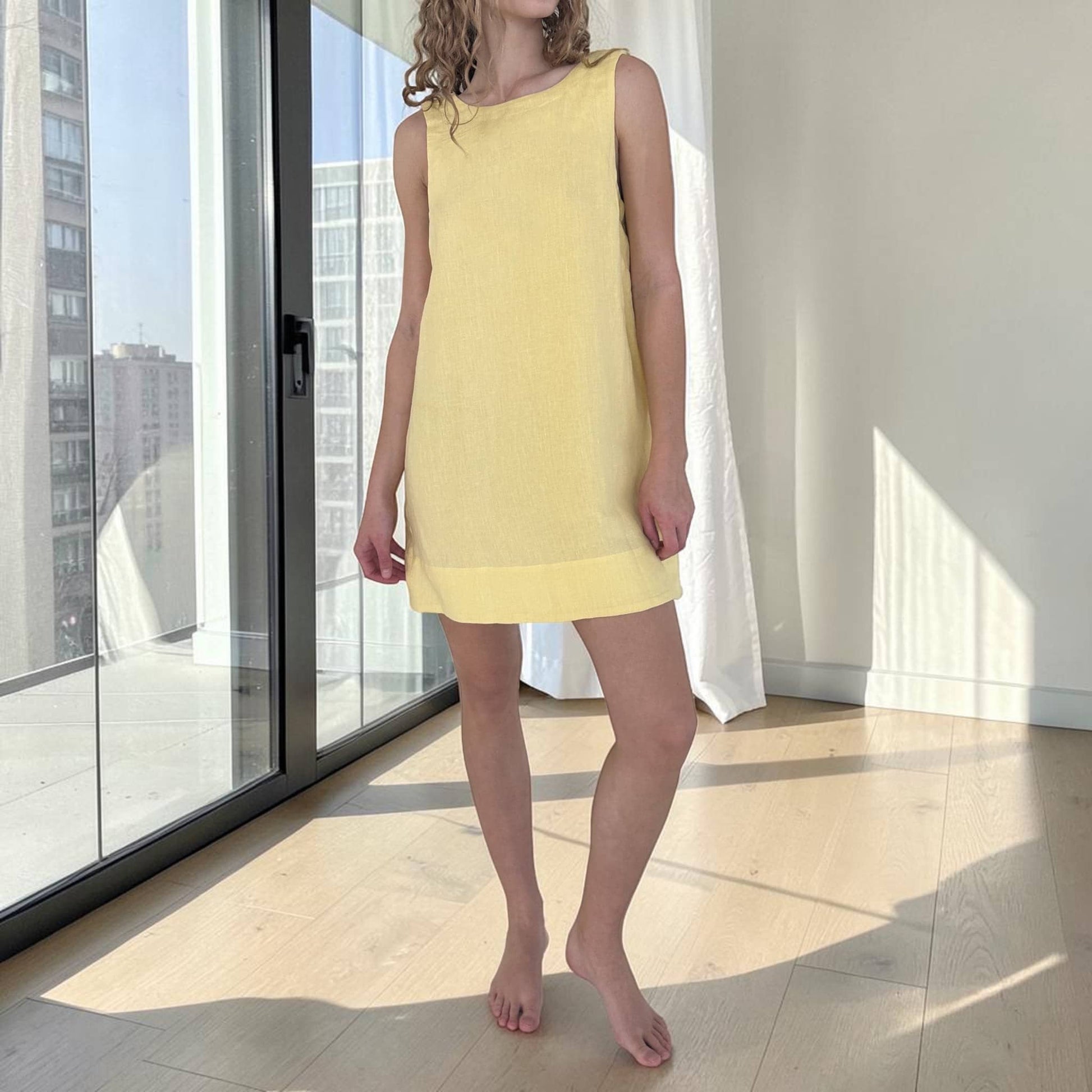 Sleeveless Linen Shift Dress, U Back