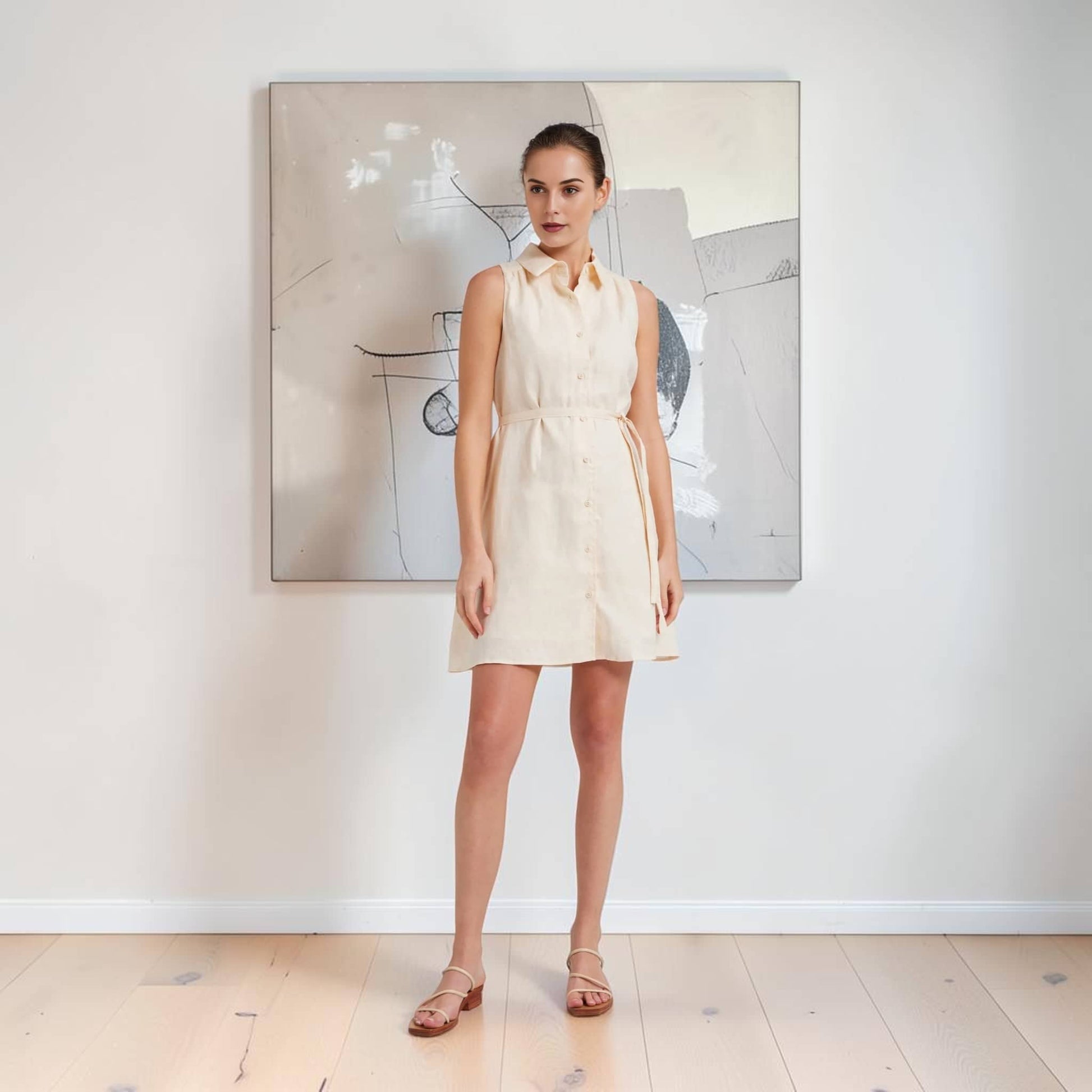Sleeveless Linen Shirt Mini Dress, Side-Pocket