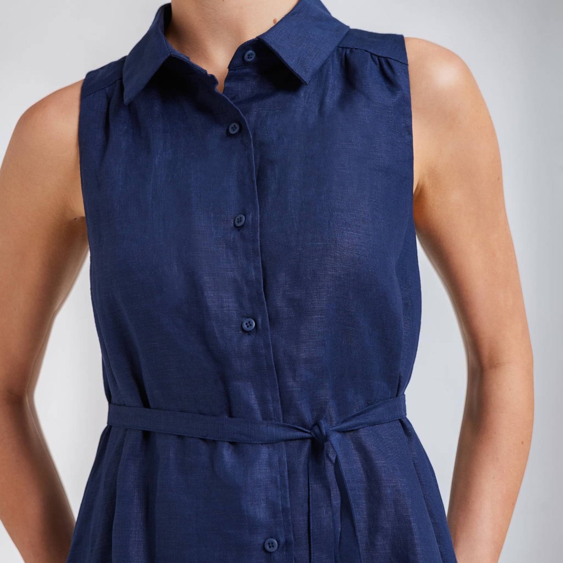 Sleeveless Linen Shirt Mini Dress, Side-Pocket