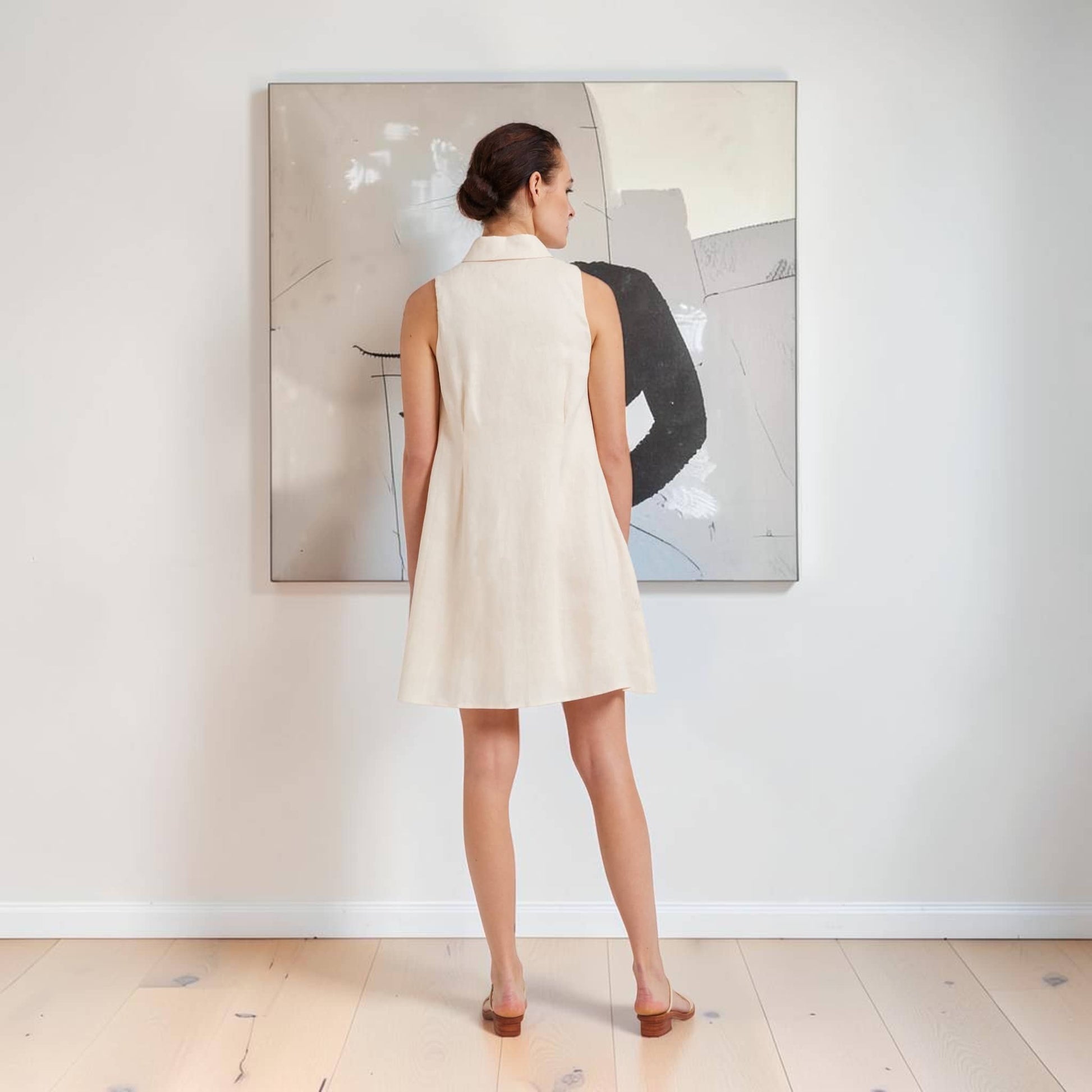 Sleeveless Linen Shirt Mini Dress, Side-Pocket