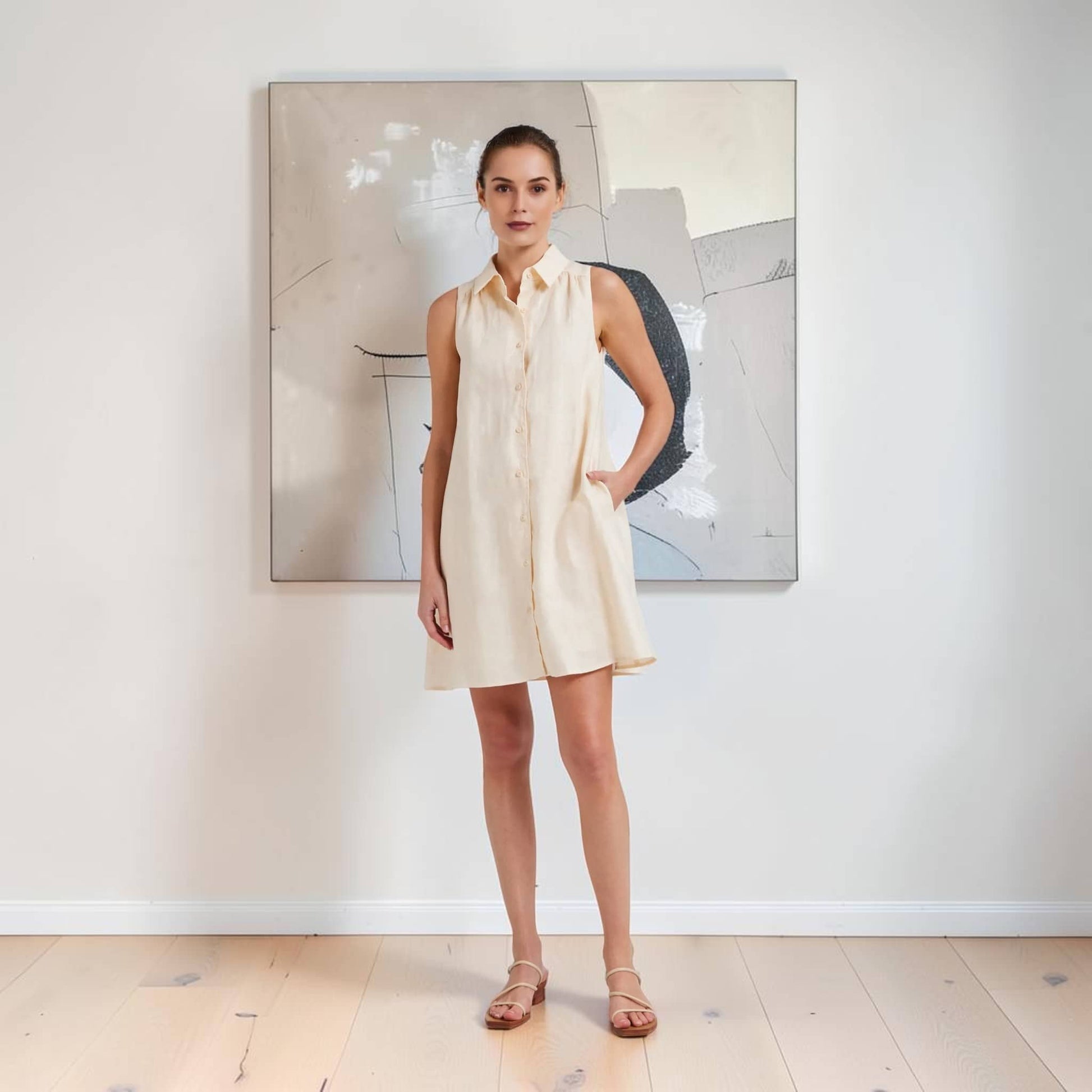 Sleeveless Linen Shirt Mini Dress, Side-Pocket