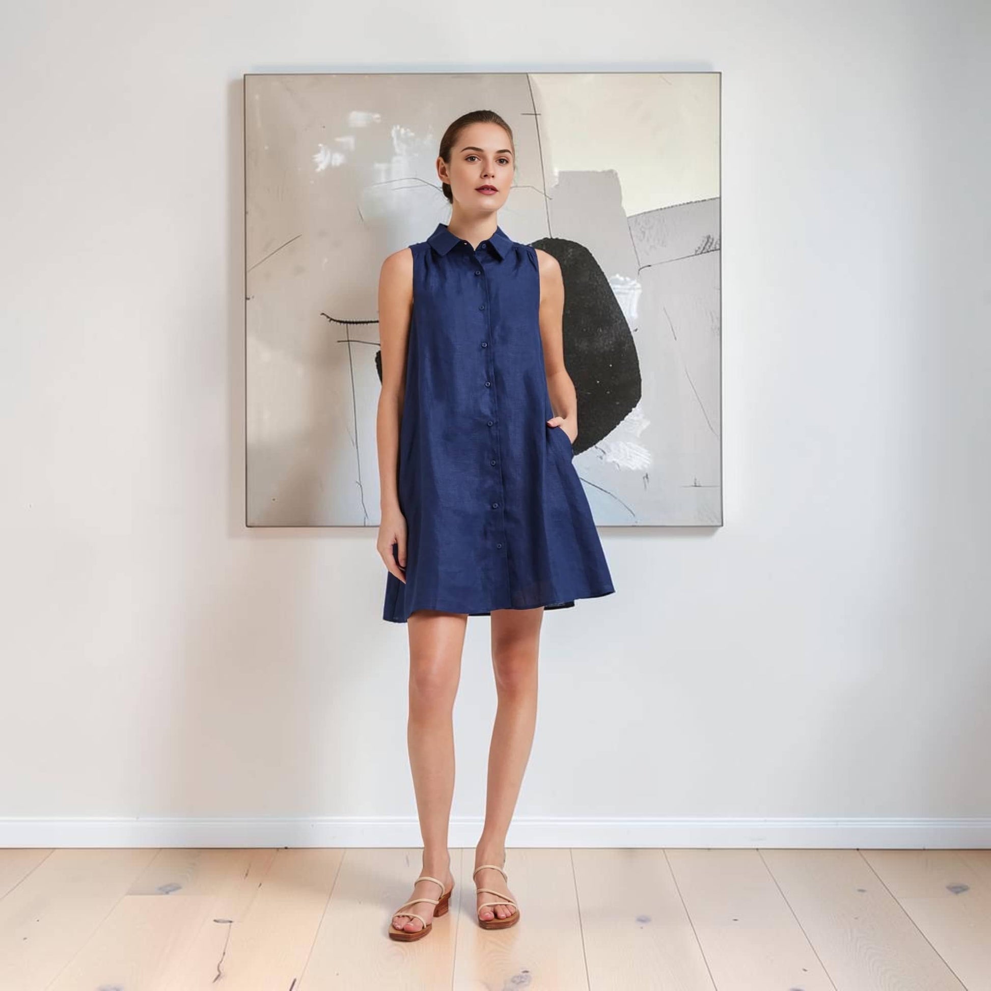 Sleeveless Linen Shirt Mini Dress, Side-Pocket