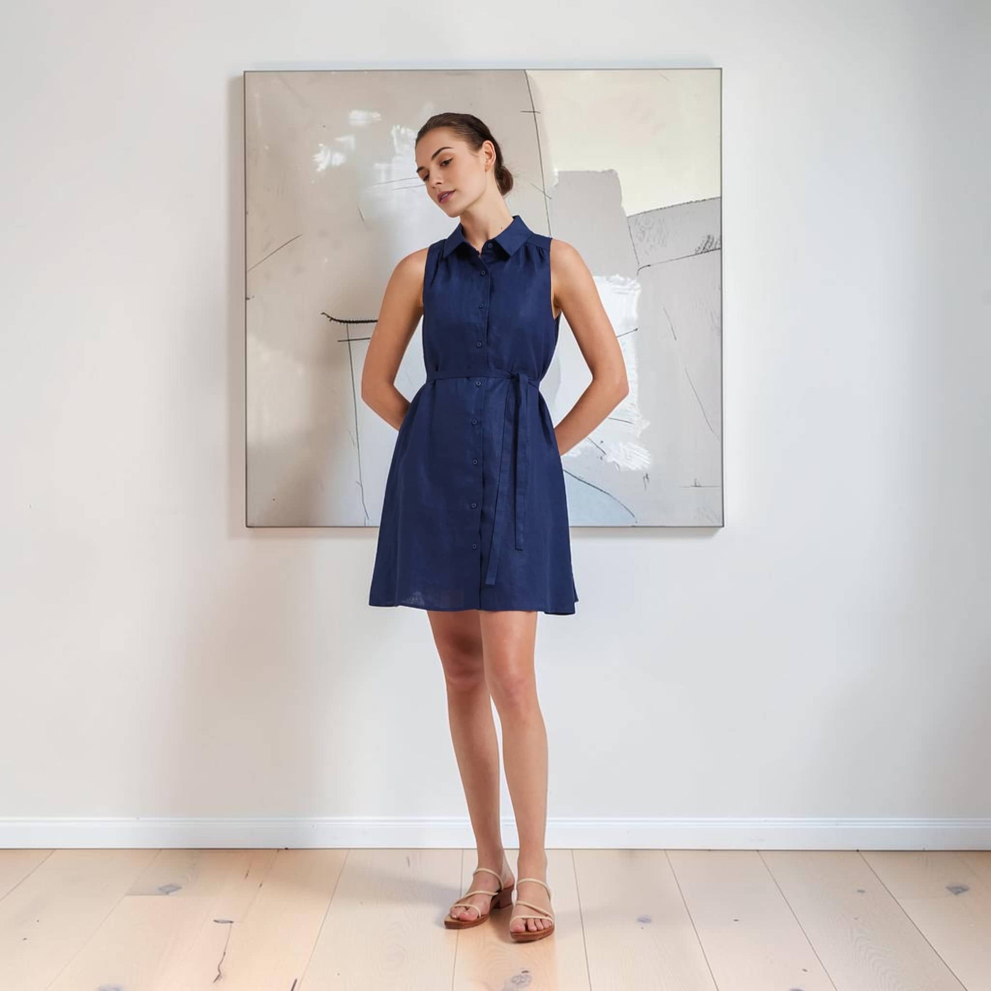 Sleeveless Linen Shirt Mini Dress, Side-Pocket