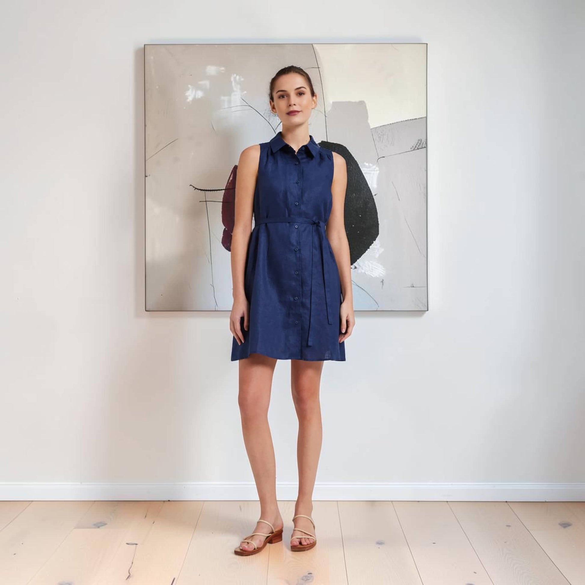 Sleeveless Linen Shirt Mini Dress, Side-Pocket