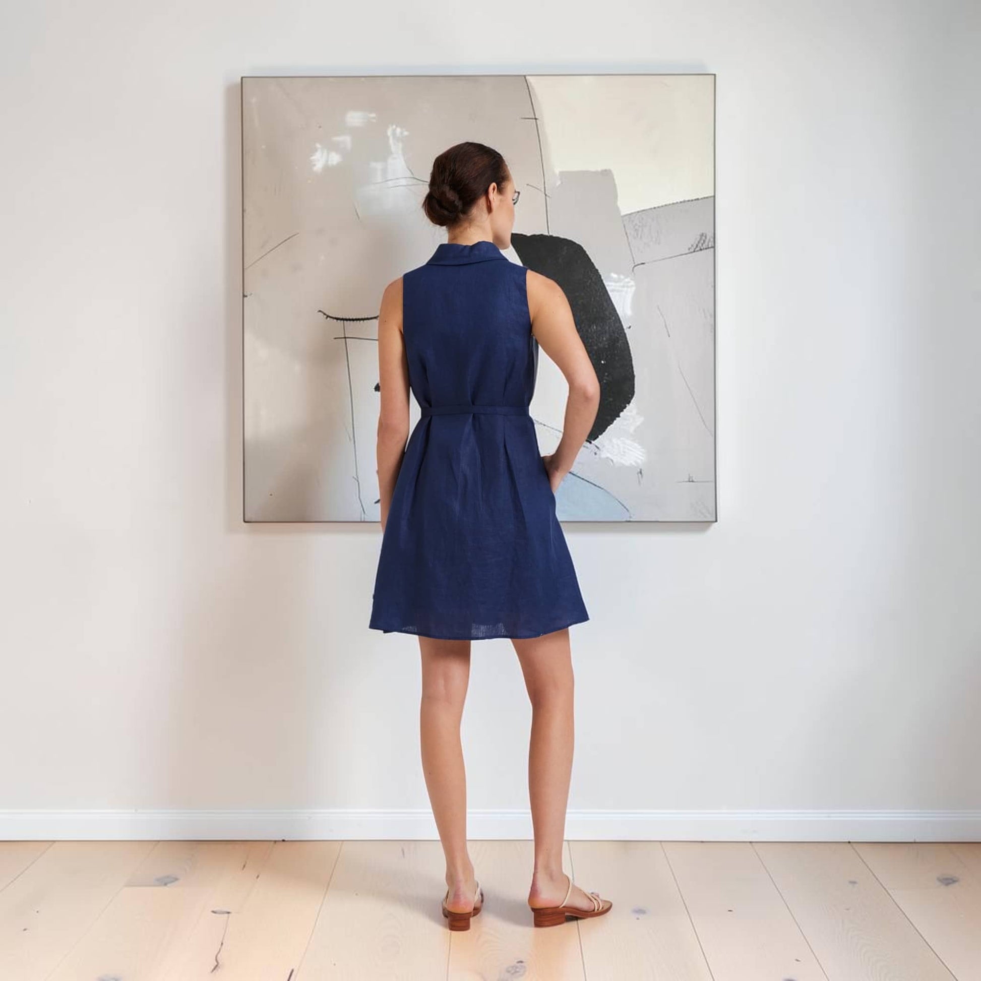 Sleeveless Linen Shirt Mini Dress, Side-Pocket