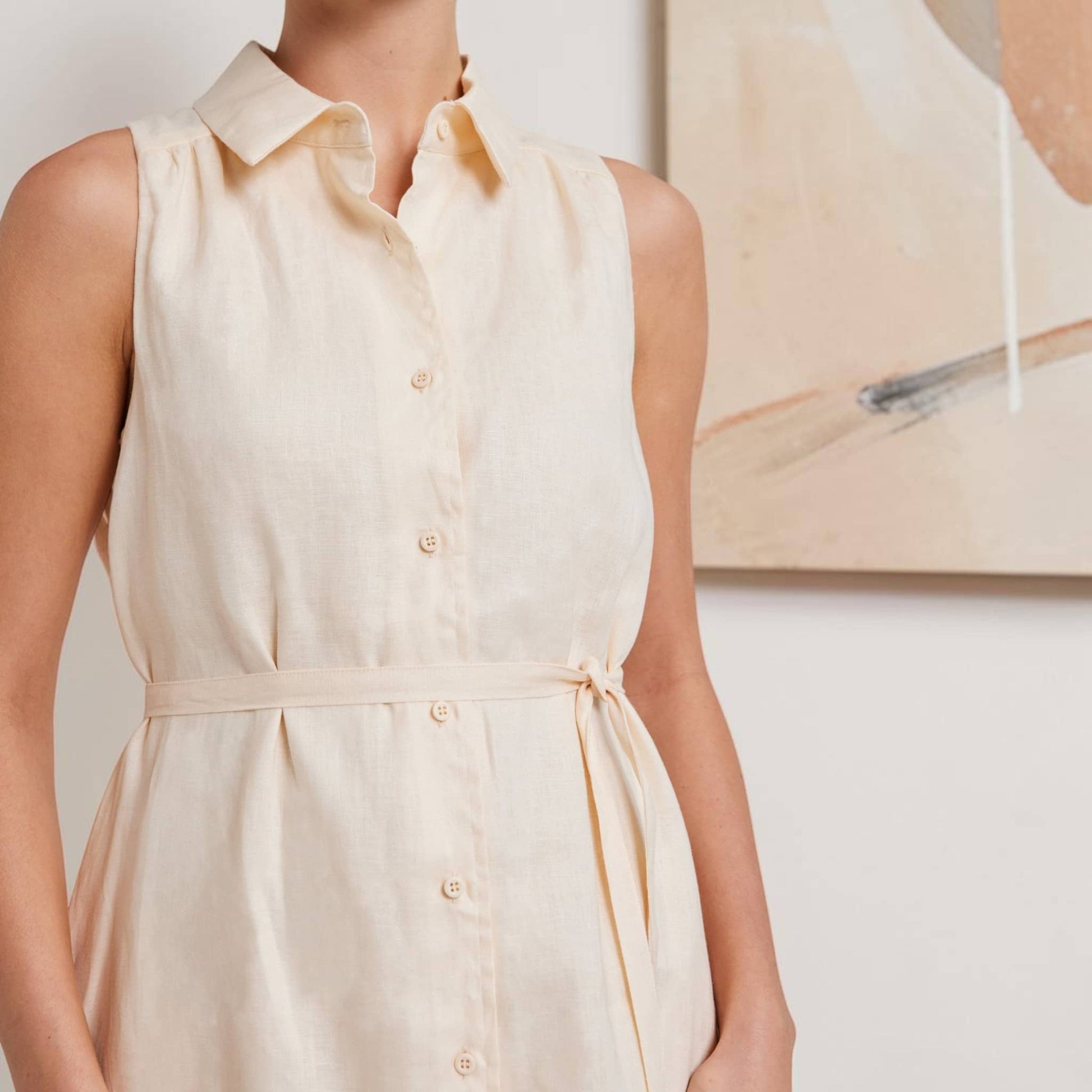 Sleeveless Linen Shirt Mini Dress, Side-Pocket