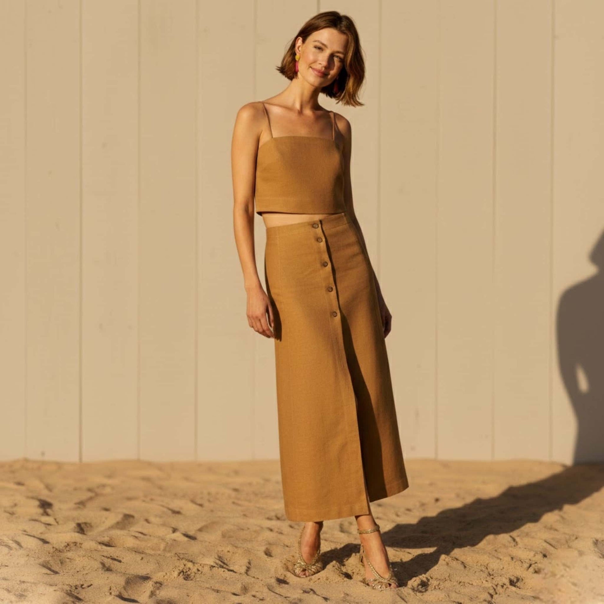 Sleeveless Linen Skirt Set, Linen Crop Top And Maxi Skirt Set