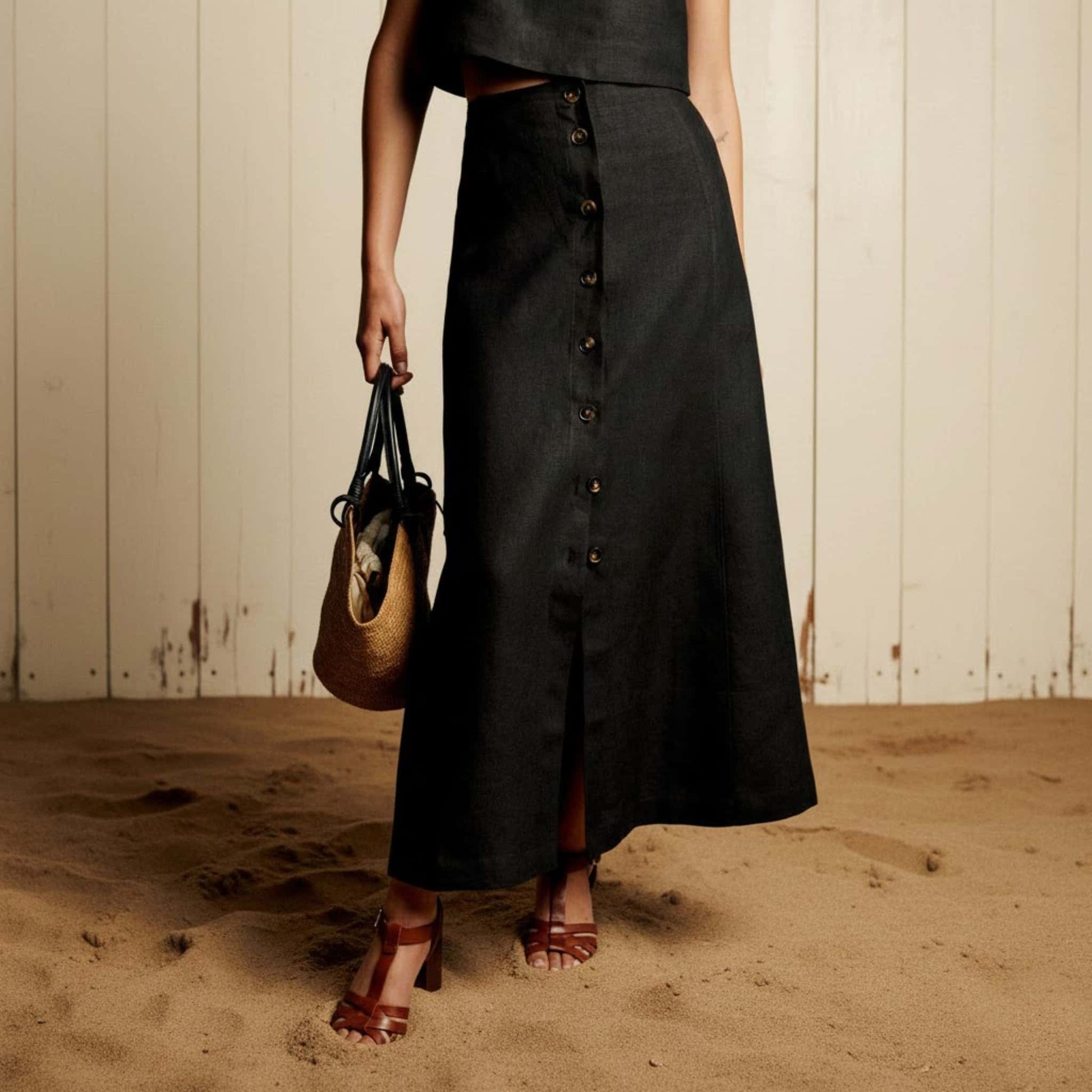 Sleeveless Linen Skirt Set, Linen Crop Top And Maxi Skirt Set