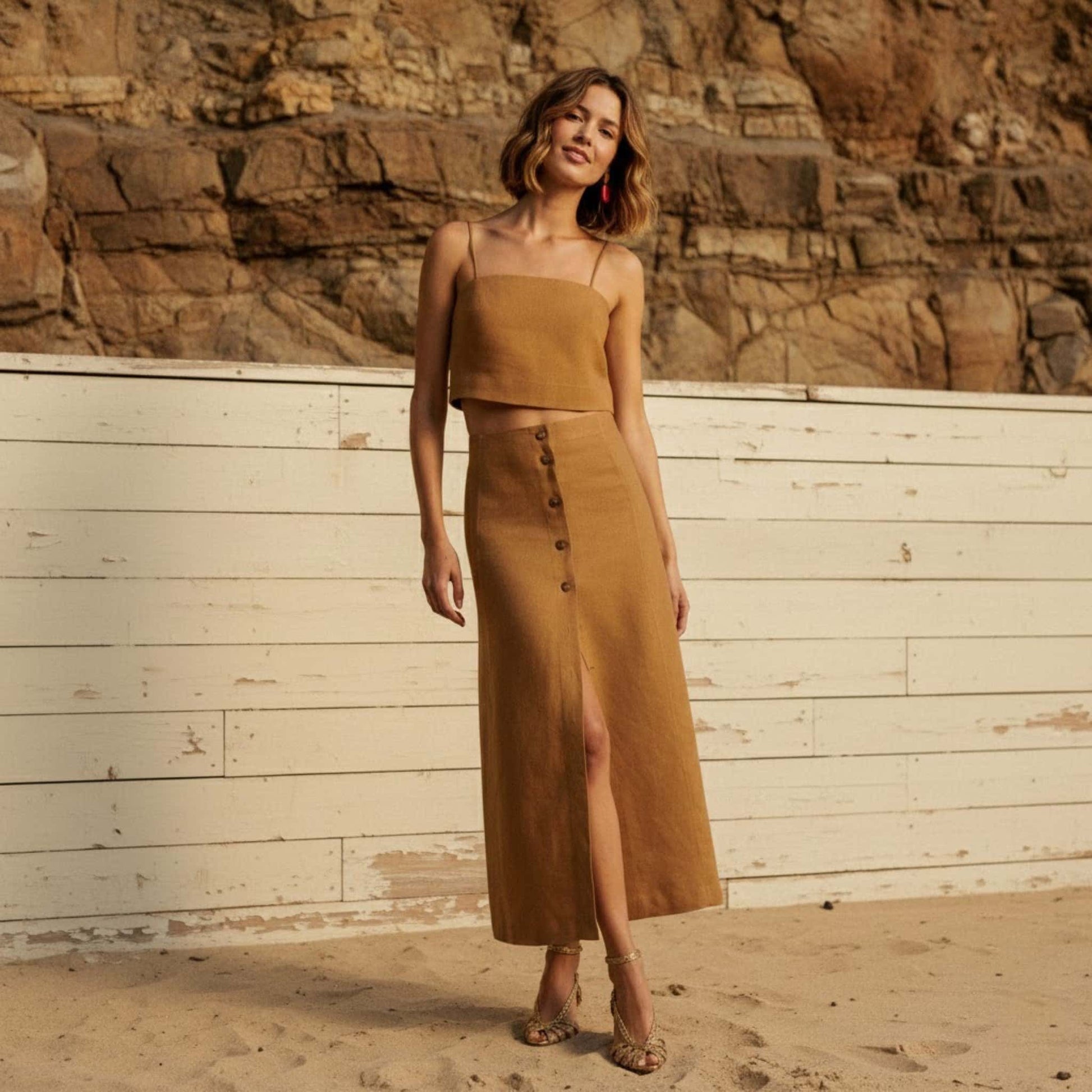 Sleeveless Linen Skirt Set, Linen Crop Top And Maxi Skirt Set