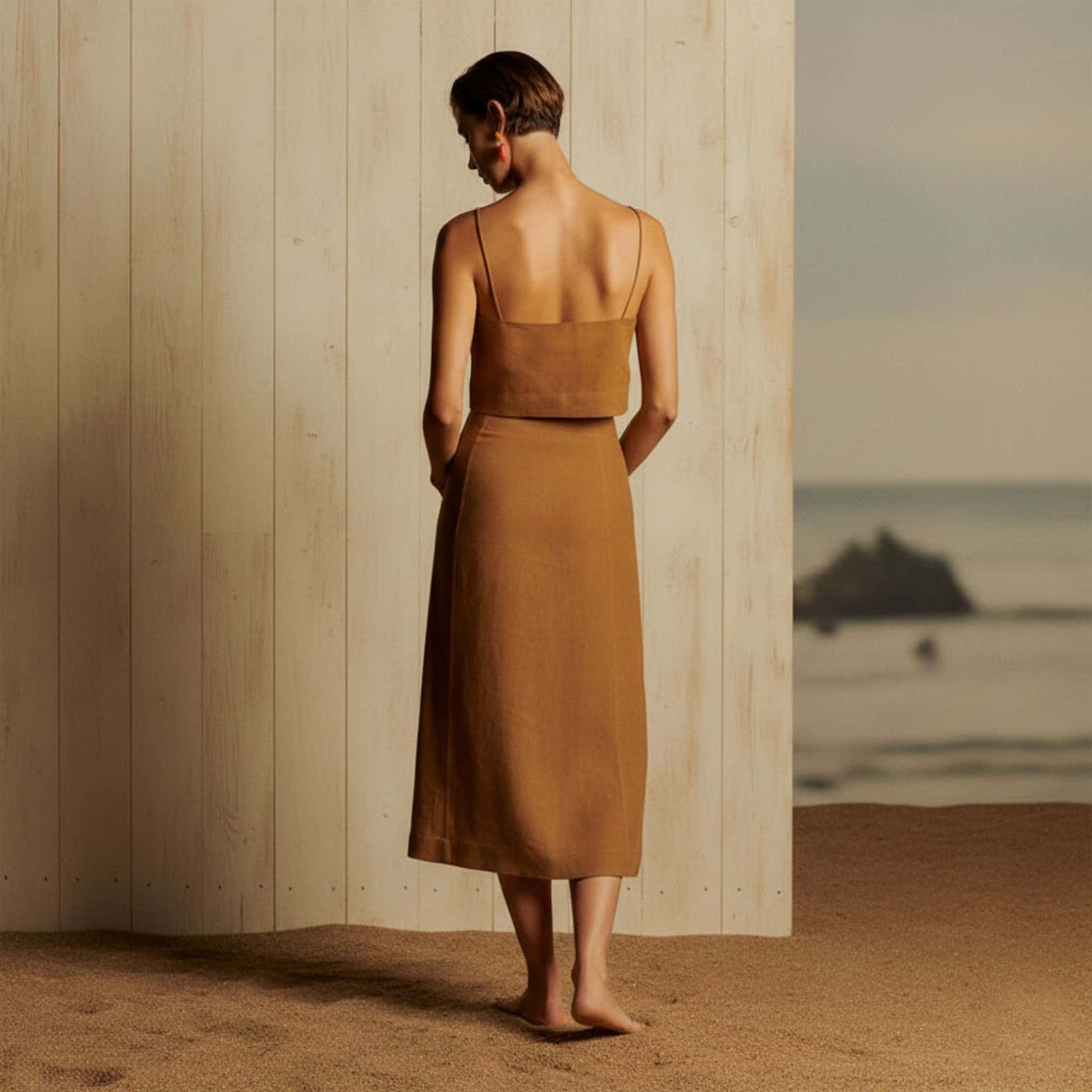 Sleeveless Linen Skirt Set, Linen Crop Top And Maxi Skirt Set