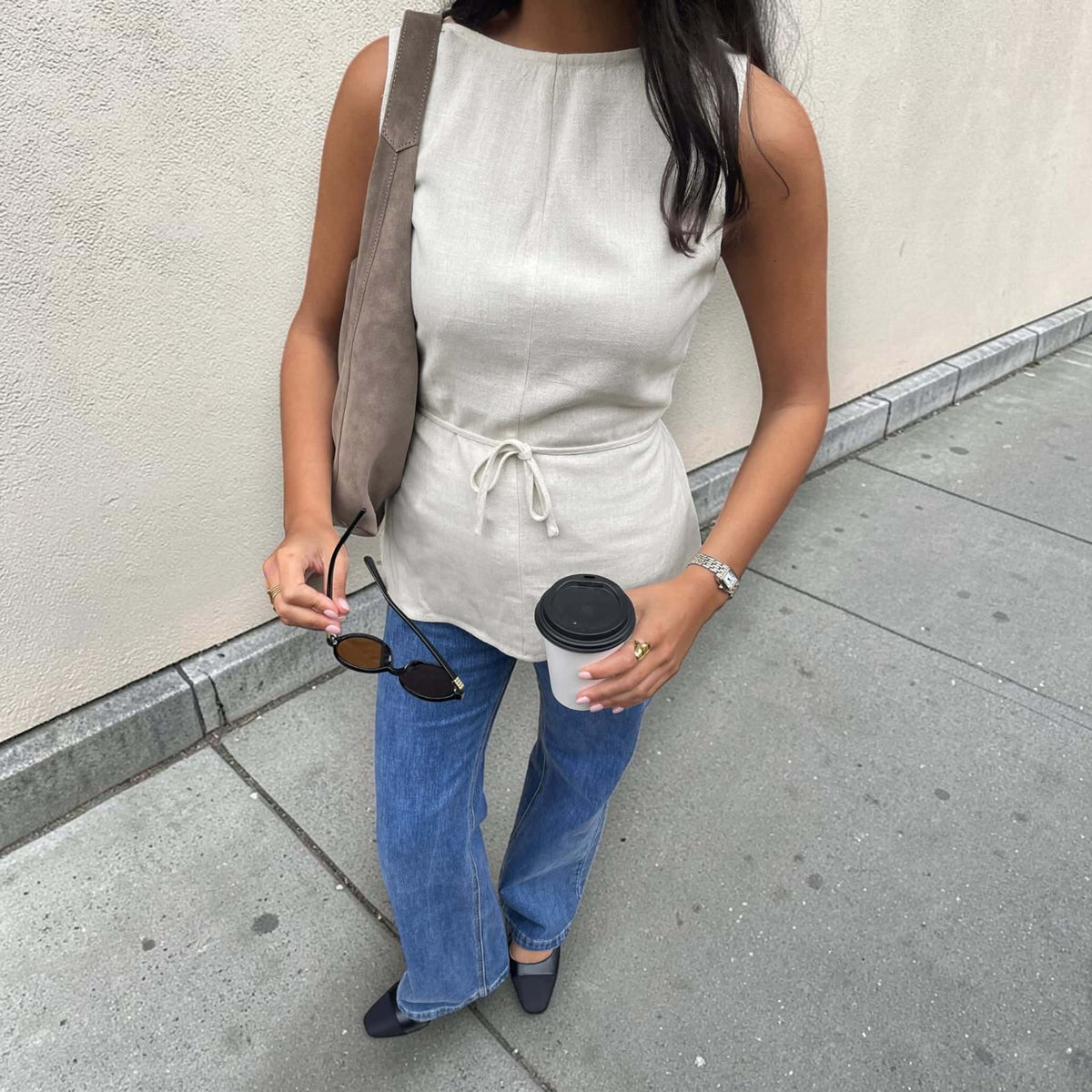 Sleeveless Linen Top, Back Waist Tie