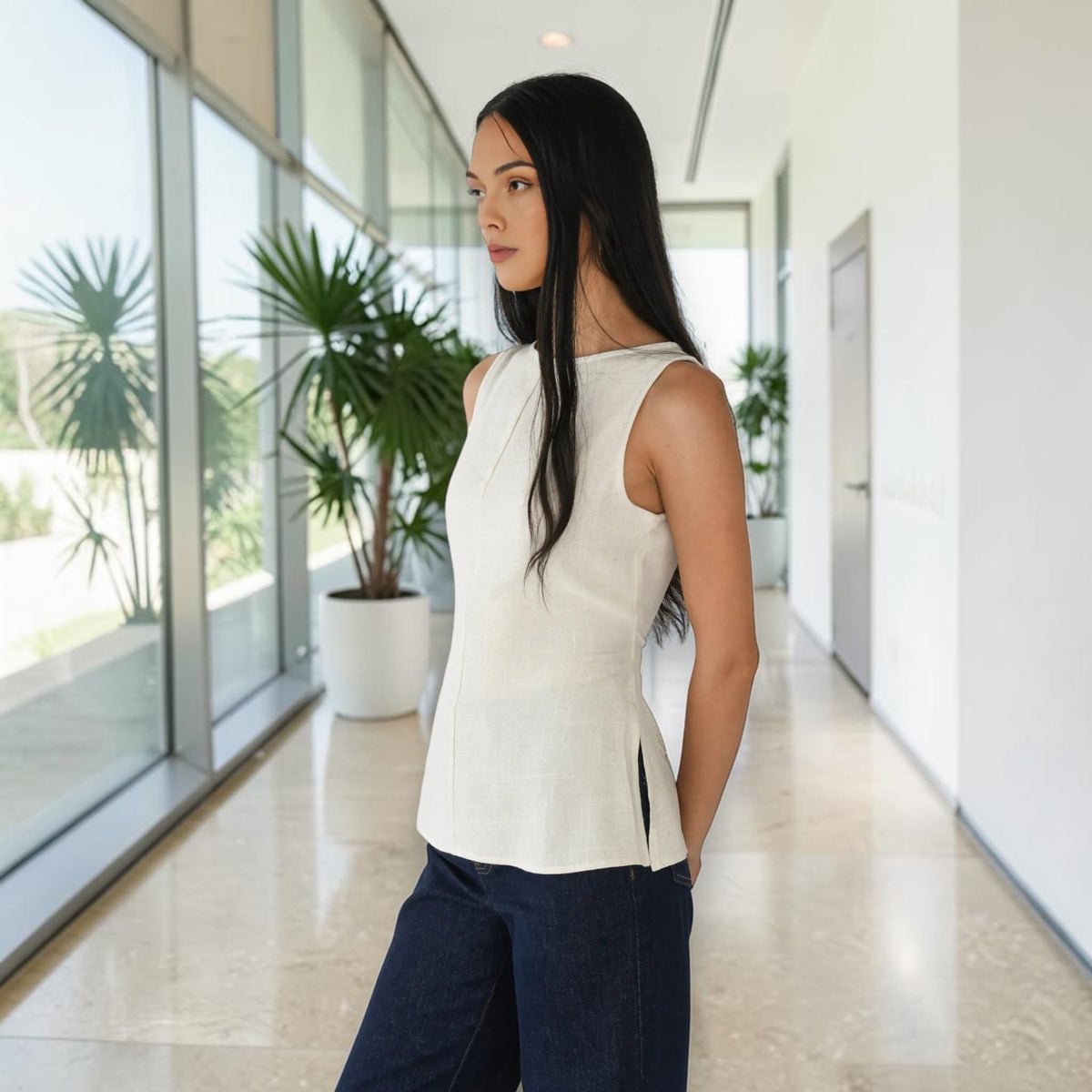 Sleeveless Linen Top, Back Waist Tie