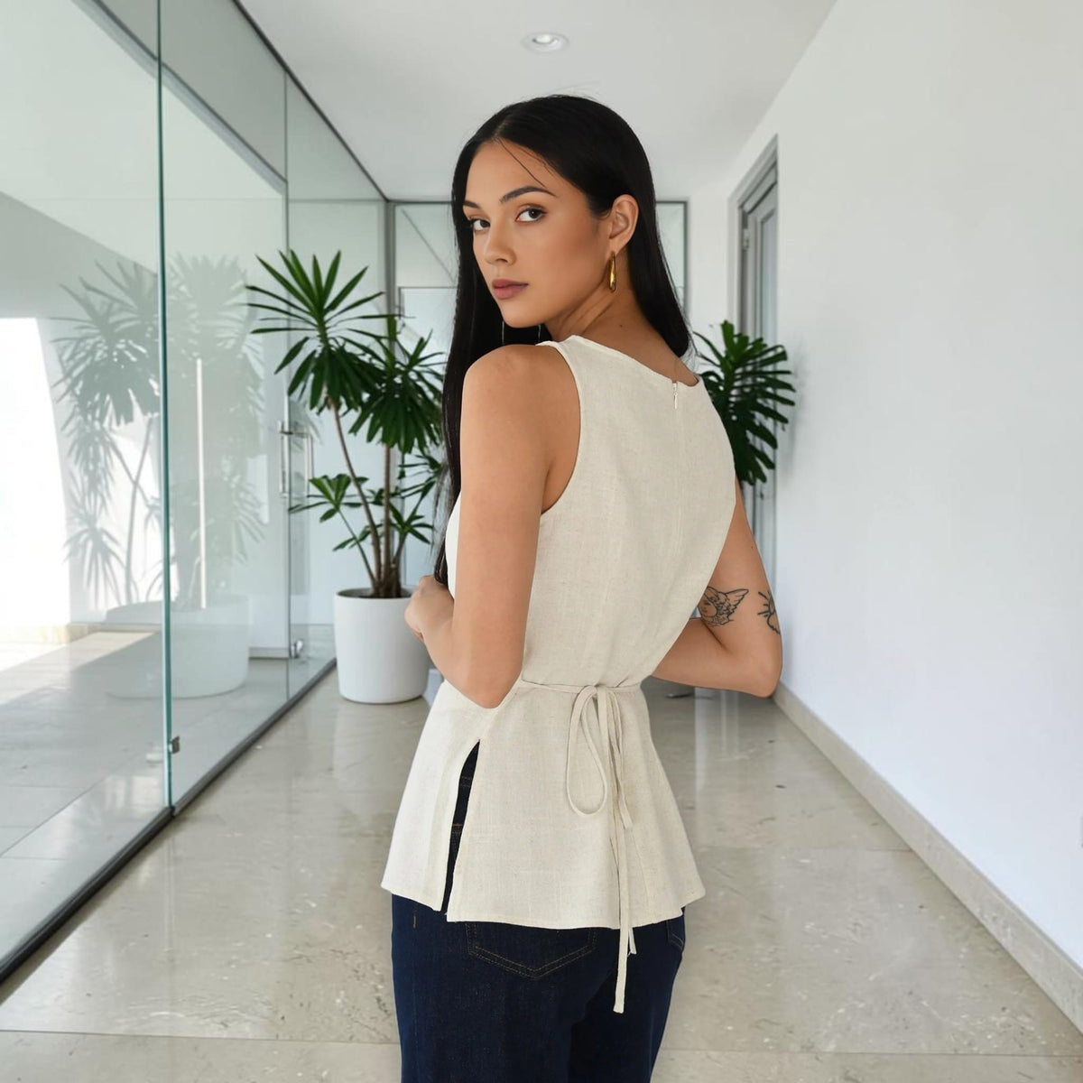 Sleeveless Linen Top, Back Waist Tie