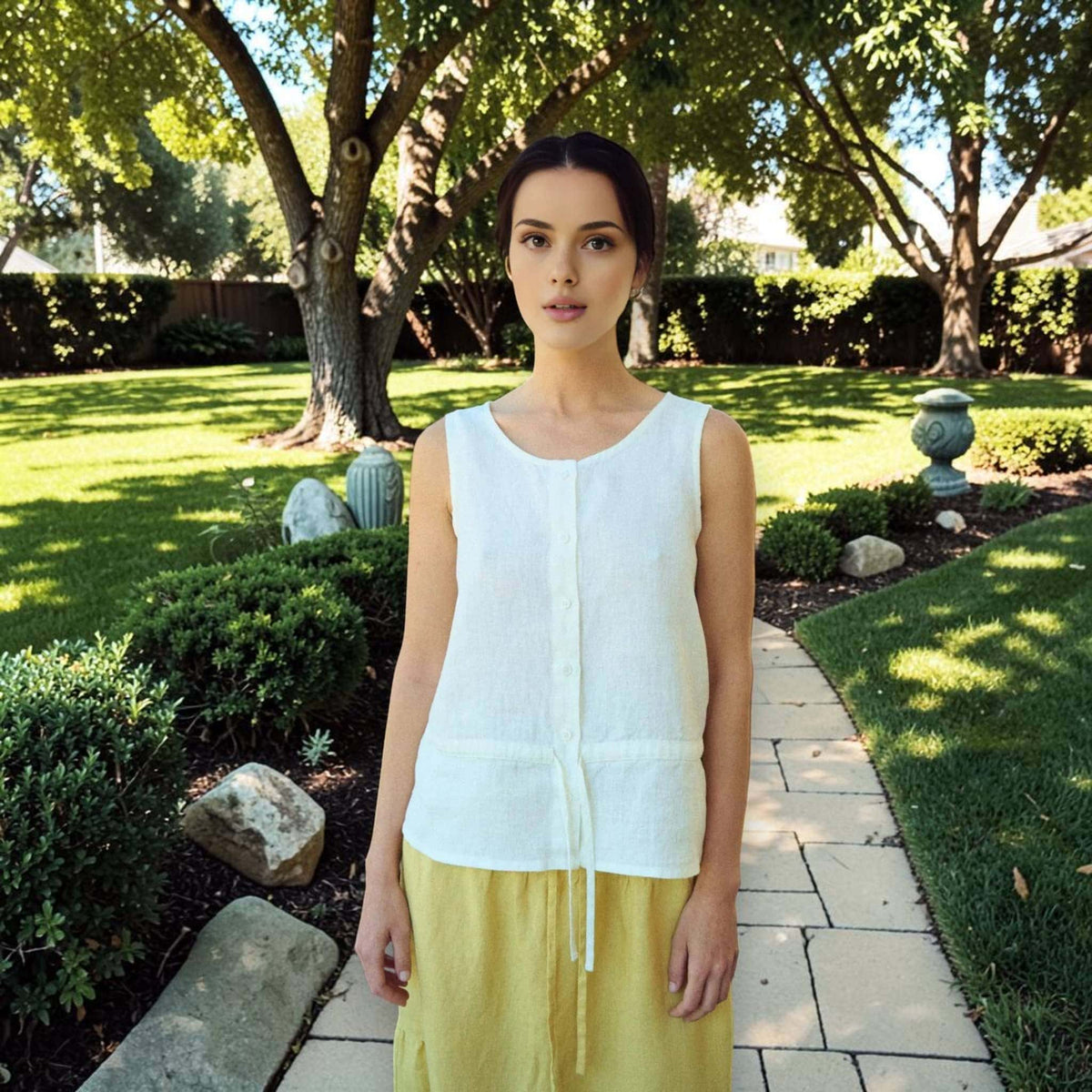 Sleeveless Linen Top, Drawstring Waist Button-Front