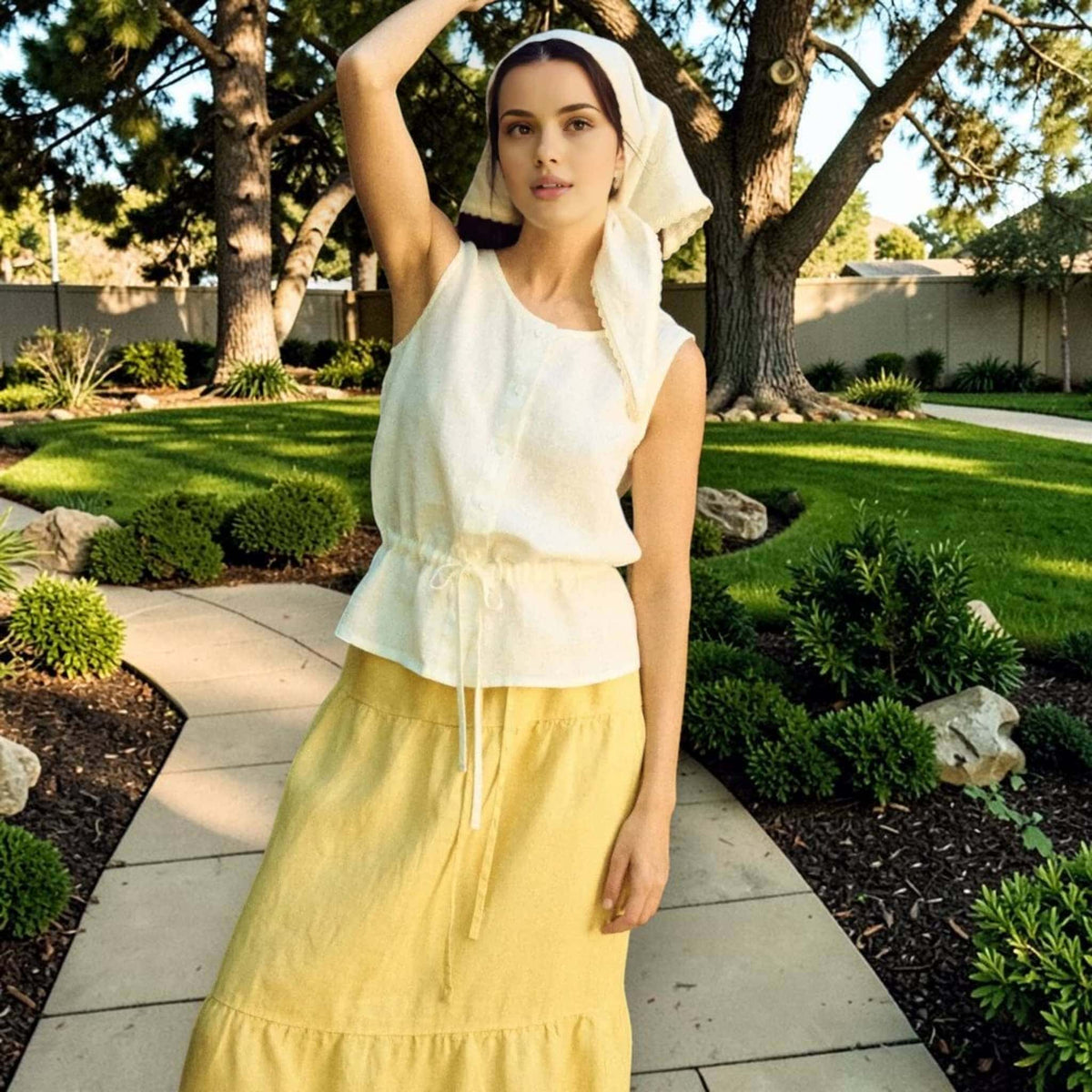 Sleeveless Linen Top, Drawstring Waist Button-Front