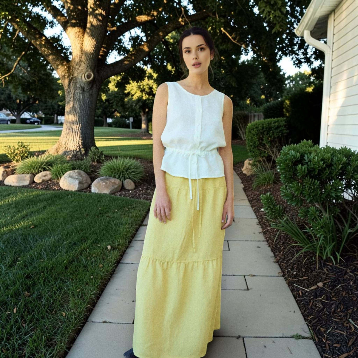 Sleeveless Linen Top, Drawstring Waist Button-Front