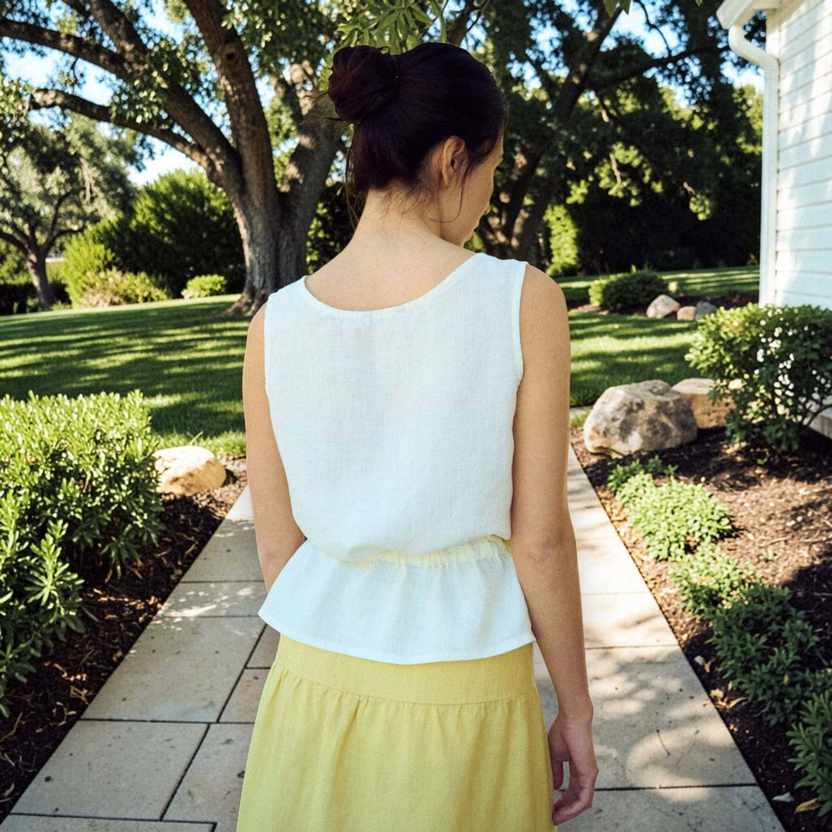 Sleeveless Linen Top, Drawstring Waist Button-Front