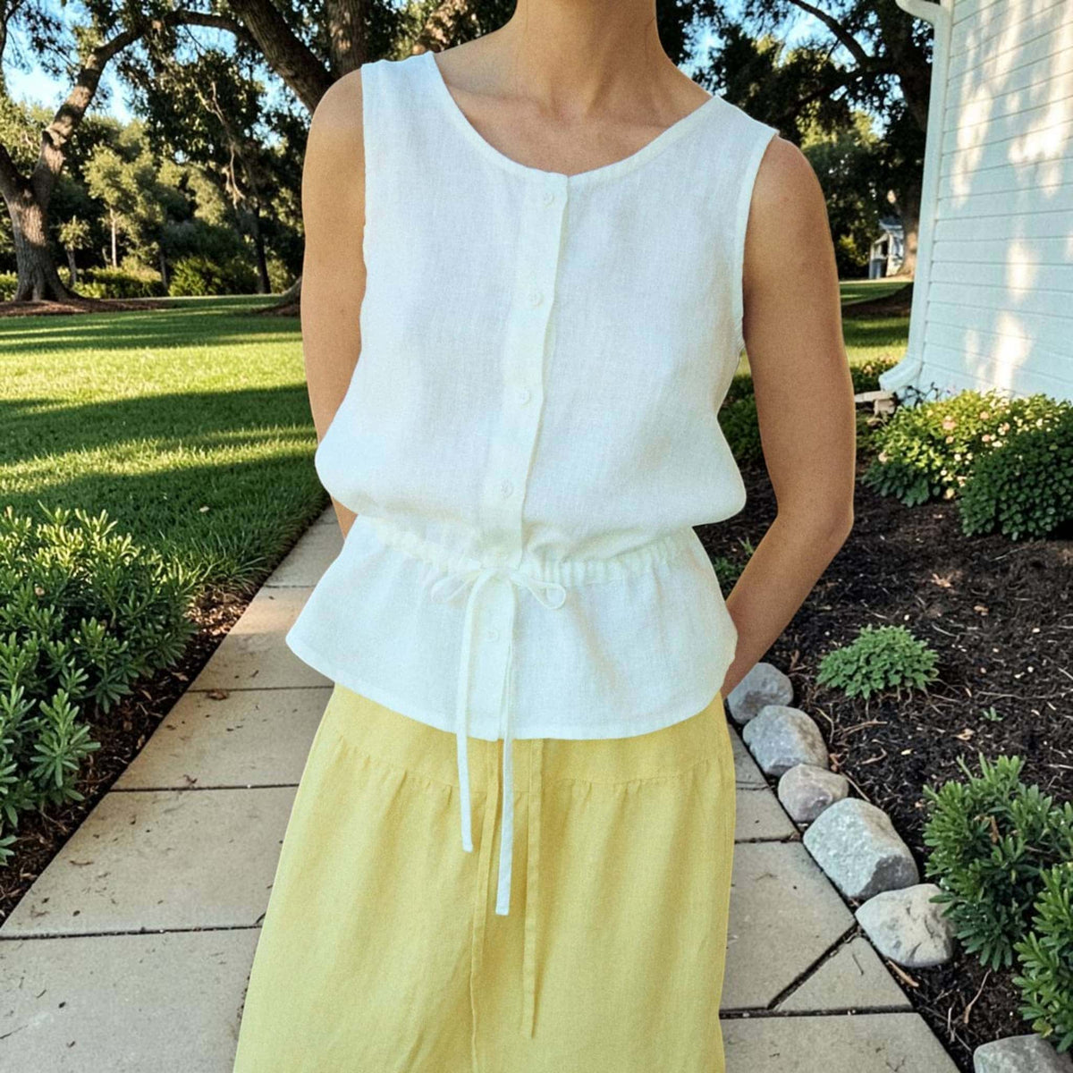 Sleeveless Linen Top, Drawstring Waist Button-Front
