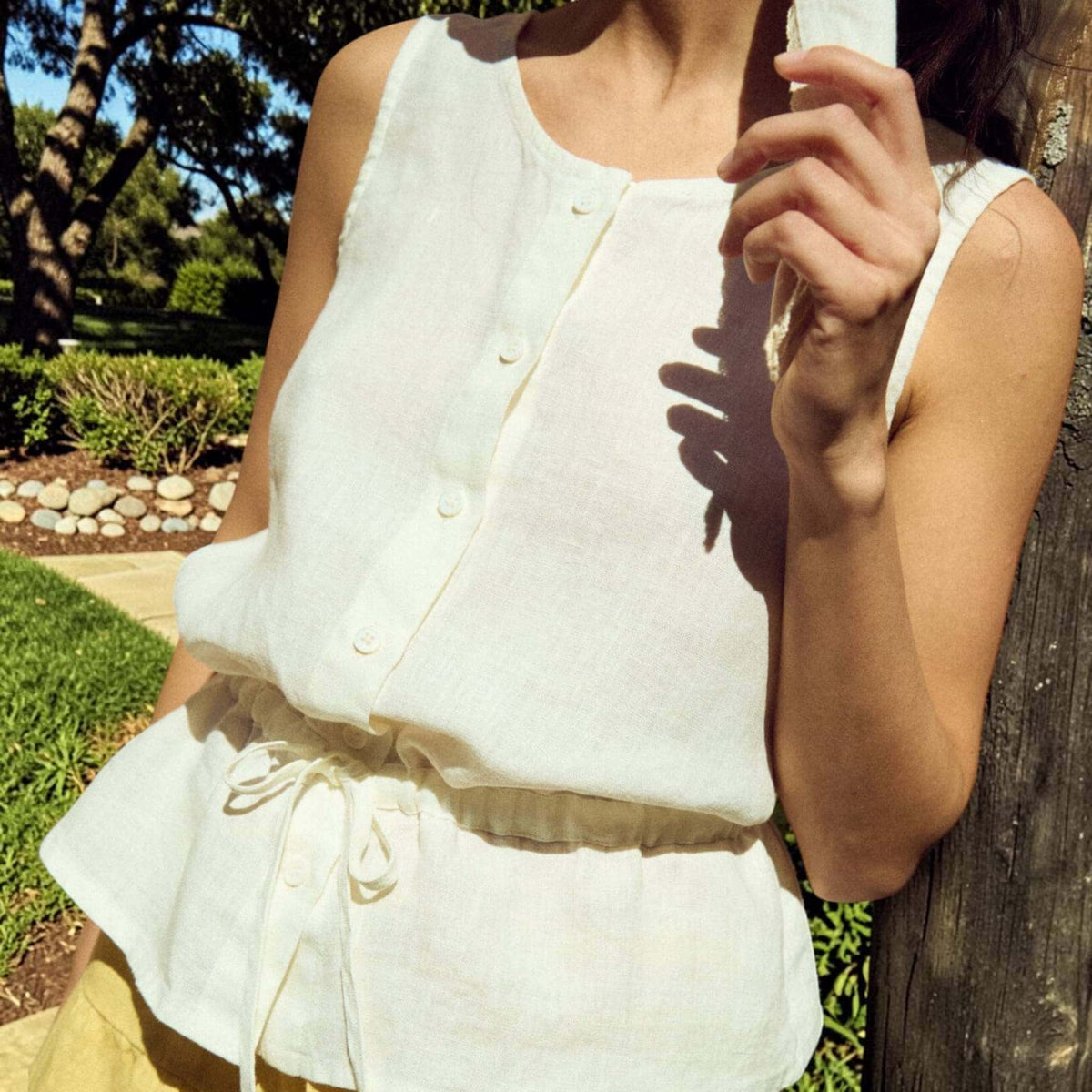 Sleeveless Linen Top, Drawstring Waist Button-Front