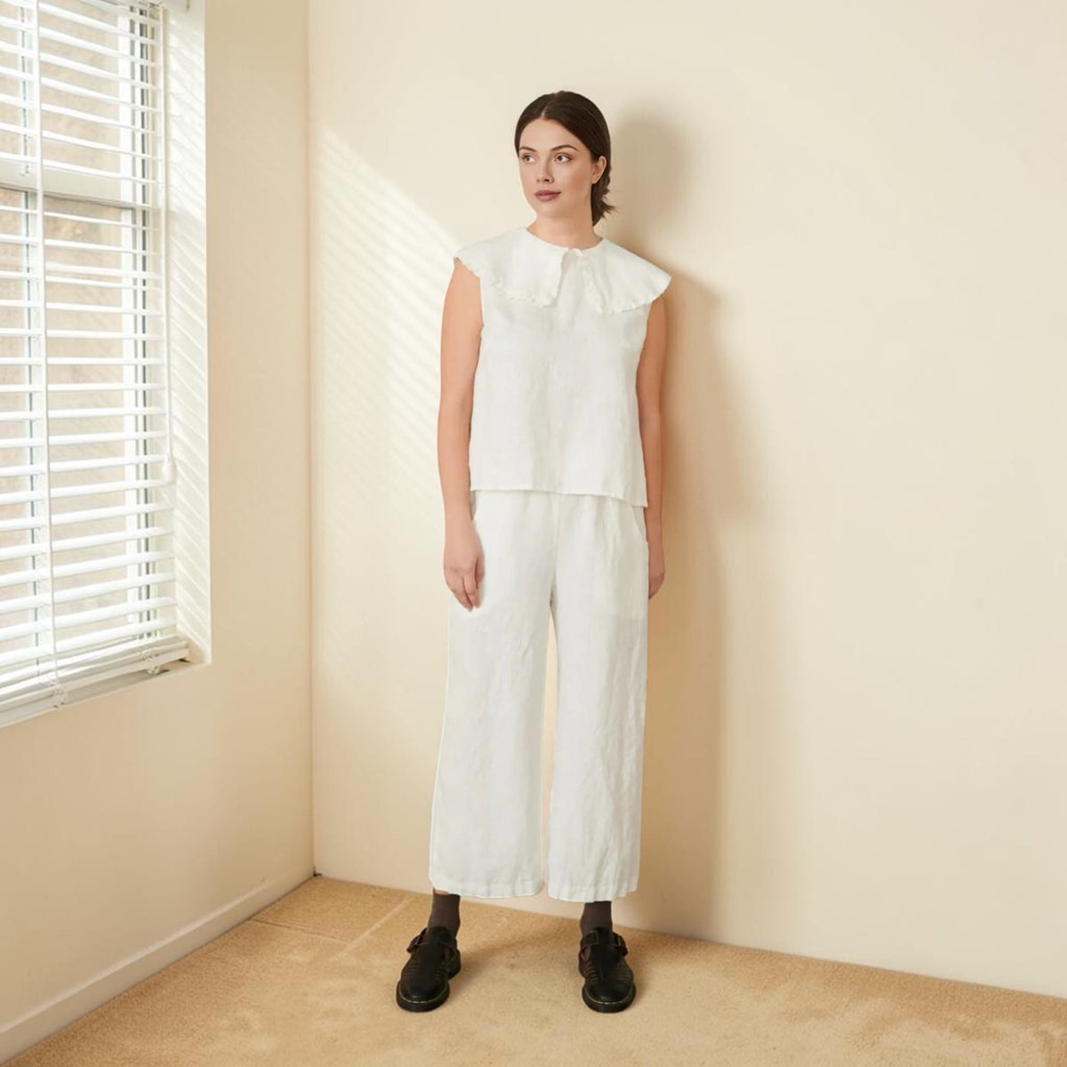 Sleeveless Linen Top, Oversized Ruffle Collar